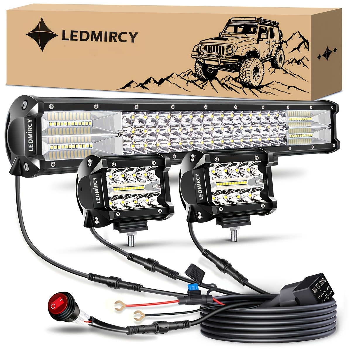 TEMU 20 Inch White Led Spot Light Bar & 4 Inch White Led Pod Kit, With 3 Leads Wiring Harness Rocker Switch, Led Lights Running Lights, Triple Flood