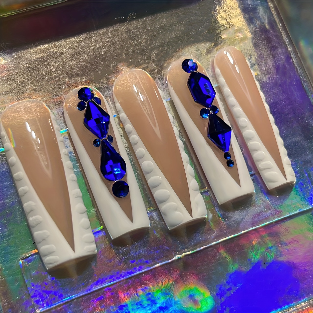 

Exaggerated Long Press On Nails Embellished With Blue Rhinestones Personality Female Party Nails Decor