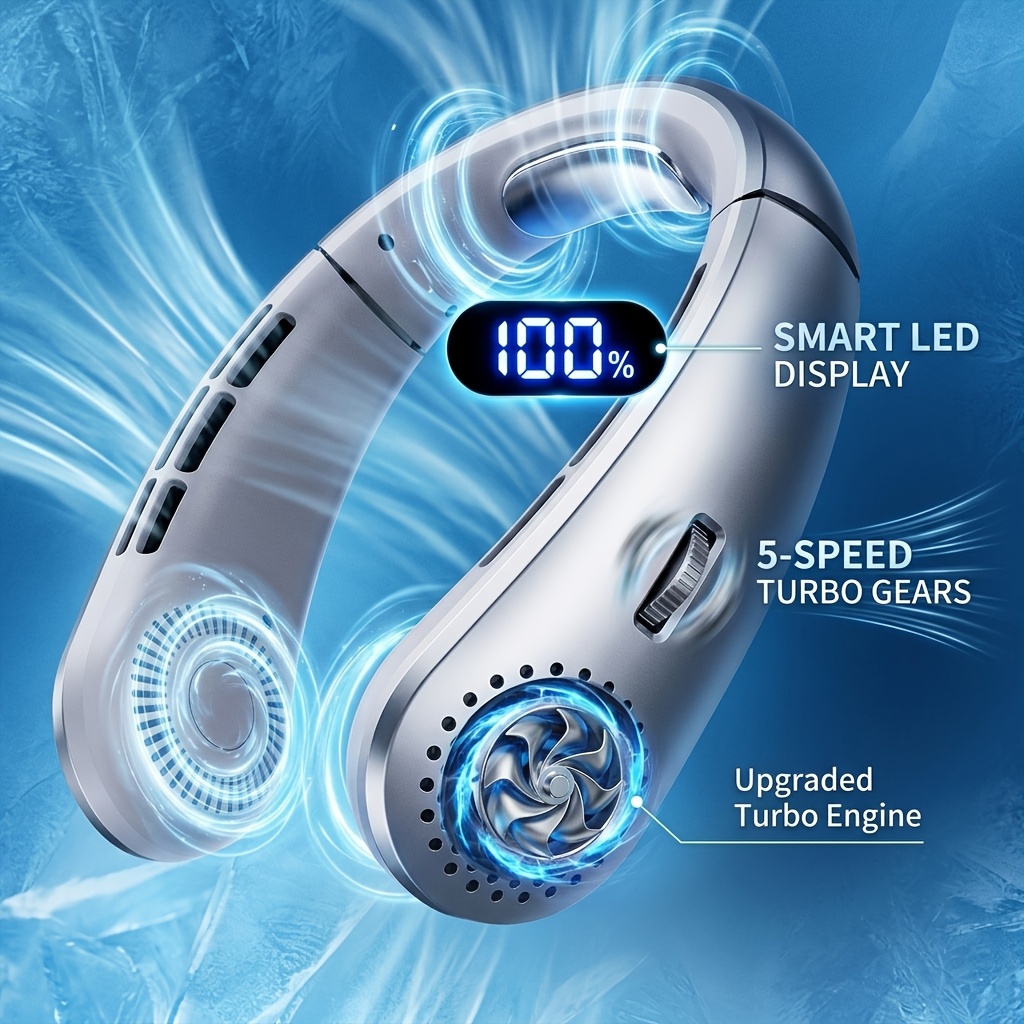 Ventilateur de cou rafraîchissant portable, ventilateur de refroidissement à 360°, ventilateur portable sans pales, 2 sorties d'air indépendantes, système de refroidissement en céramique glacée, équip