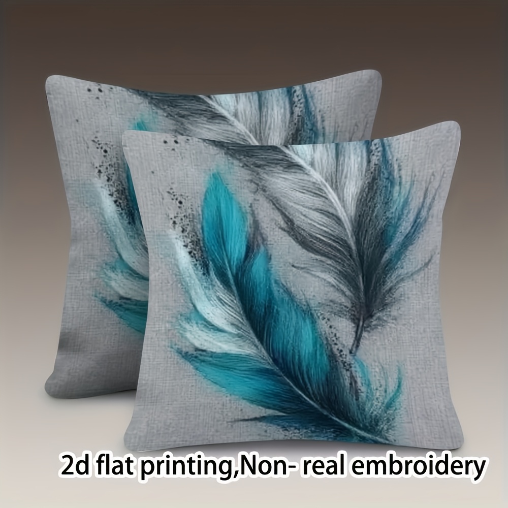 TEMU Lot de 2 taies d'oreiller à motif de plumes bleu turquoise et gris avec fermeture éclair, lavables en machine, adaptées pour la décoration de