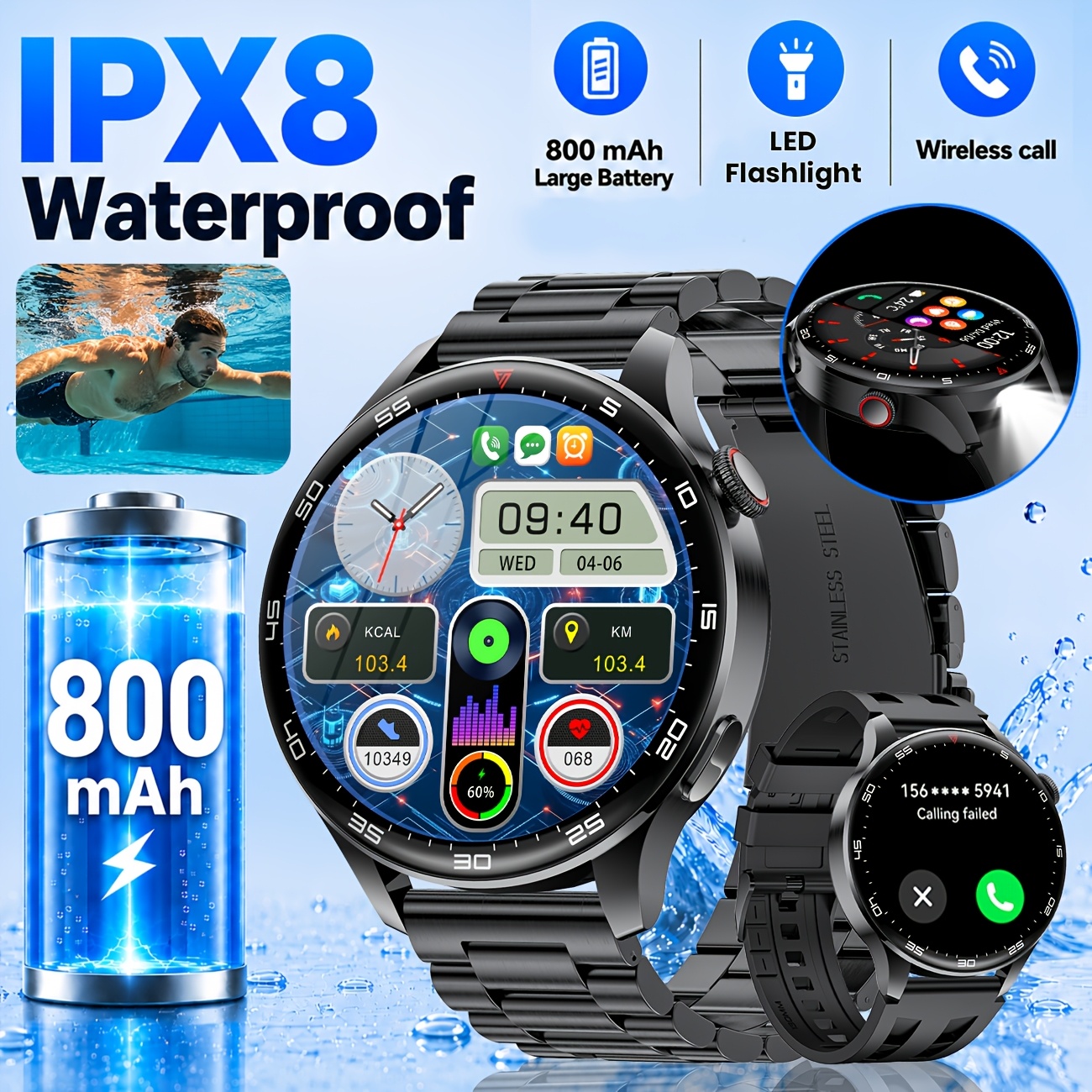Siemorl Watch With Bluetooth Call, 1.7-inch Large Screen Smartwatch With Led Torch/800mah/ipx8 /110 /sleep Monitor For Iphone