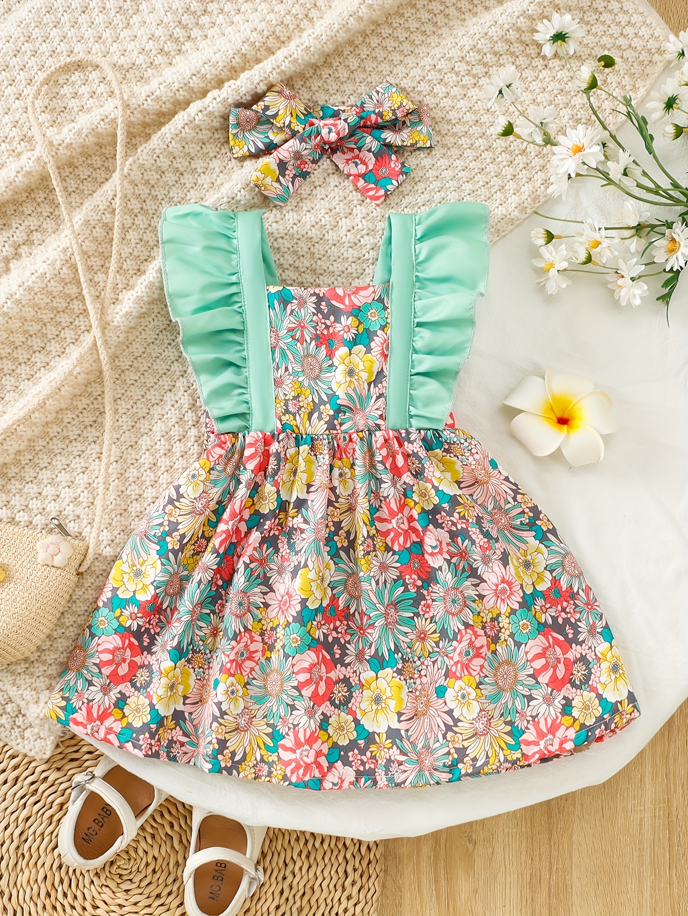 2pcs girls floral print spaghetti strap ruffle dress