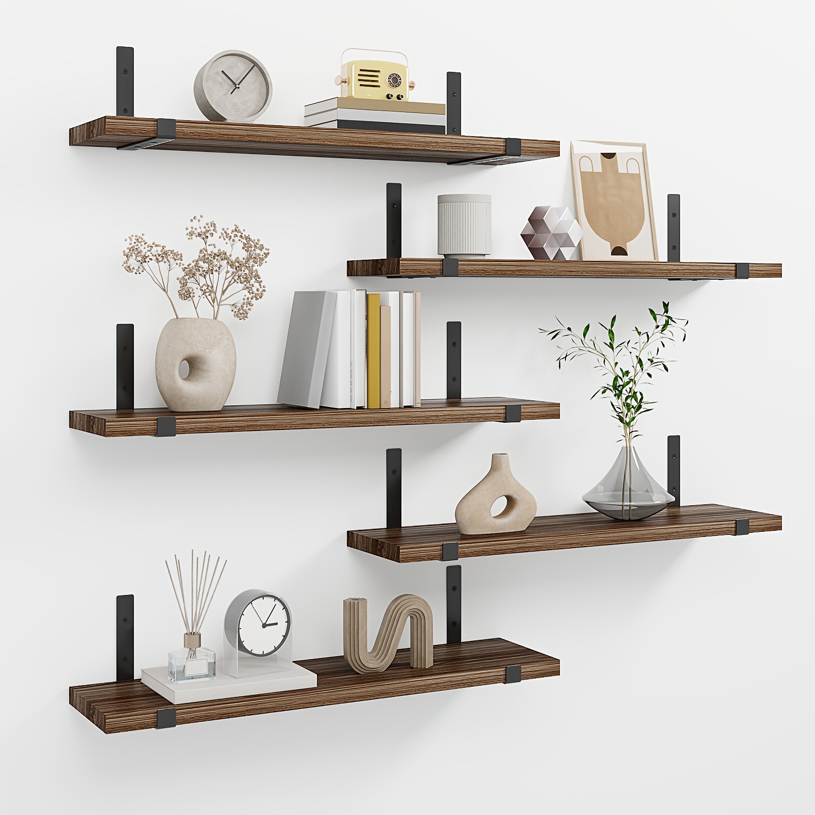 TEMU Tomnk 5pcs Retro Floating Shelf, 15.8x4.7 Inches, Narrow Board Design, Suitable For Bedroom, Living Room, Kitchen, Bathroom, Home Decor, Wall