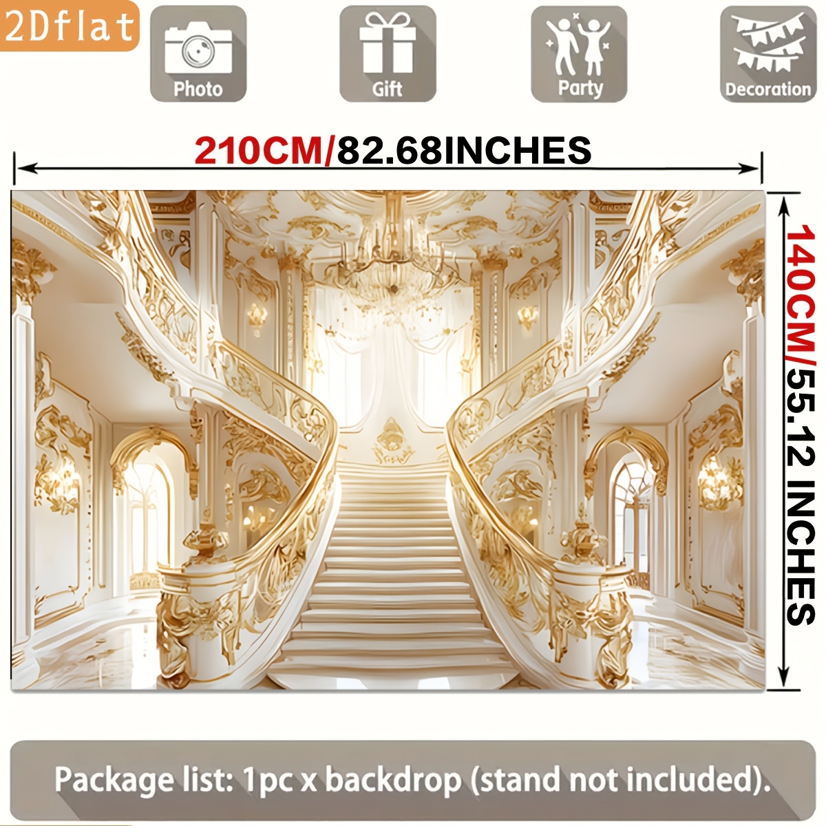 Golden Ornate Staircase White Marble Chandelier Backdrop Banner for Parties