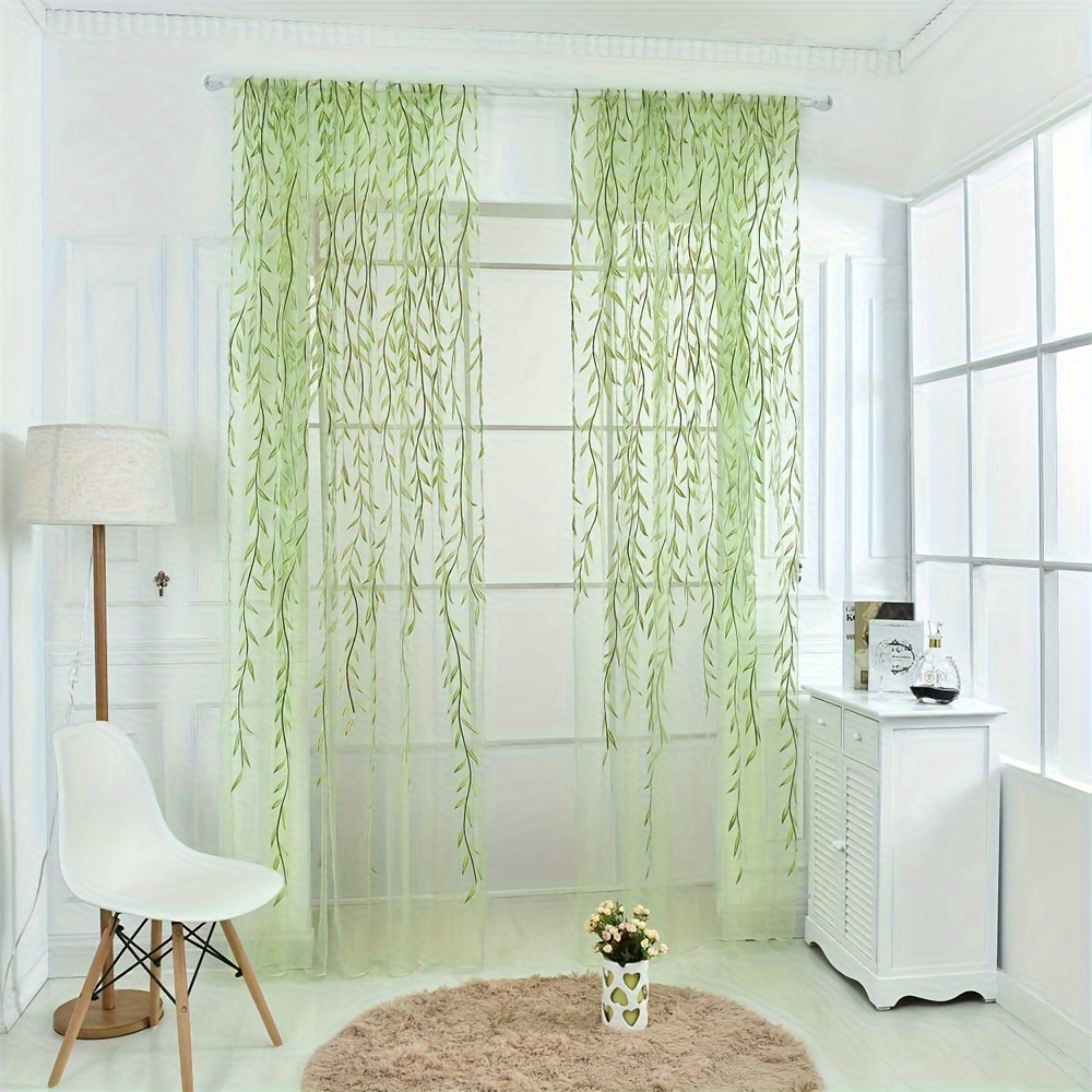 TEMU 2pcs Willow Window Curtain Tulle Room Leaf Sheer Gauze Panel Drapes Green Color For Living Room, Bedroom, Balcony