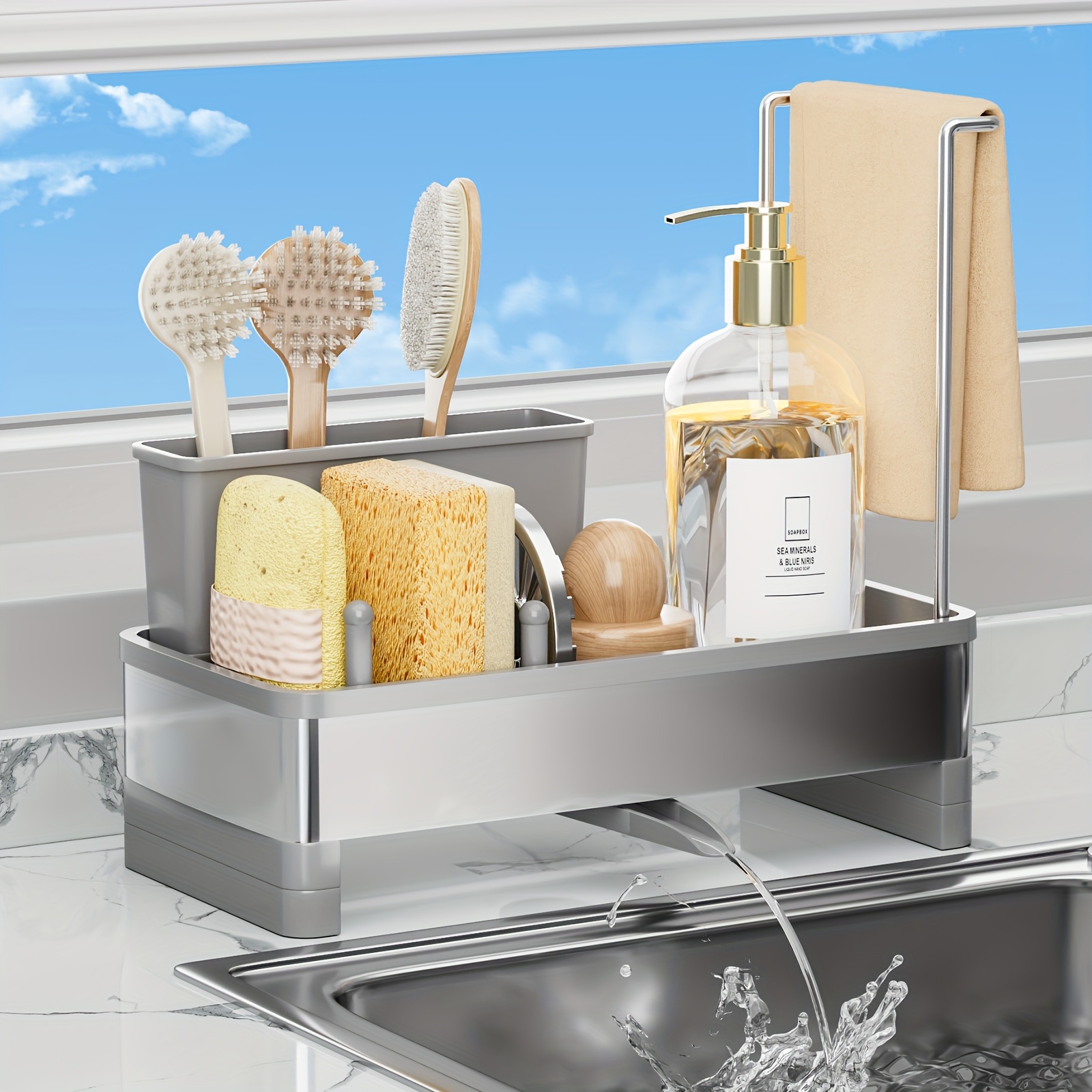 TEMU 1pc Stainless Steel Sponge Holder With Drain Tray - Multifunctional Kitchen And Bathroom Organizer For Cleaning Supplies, Towels, And Brushes -