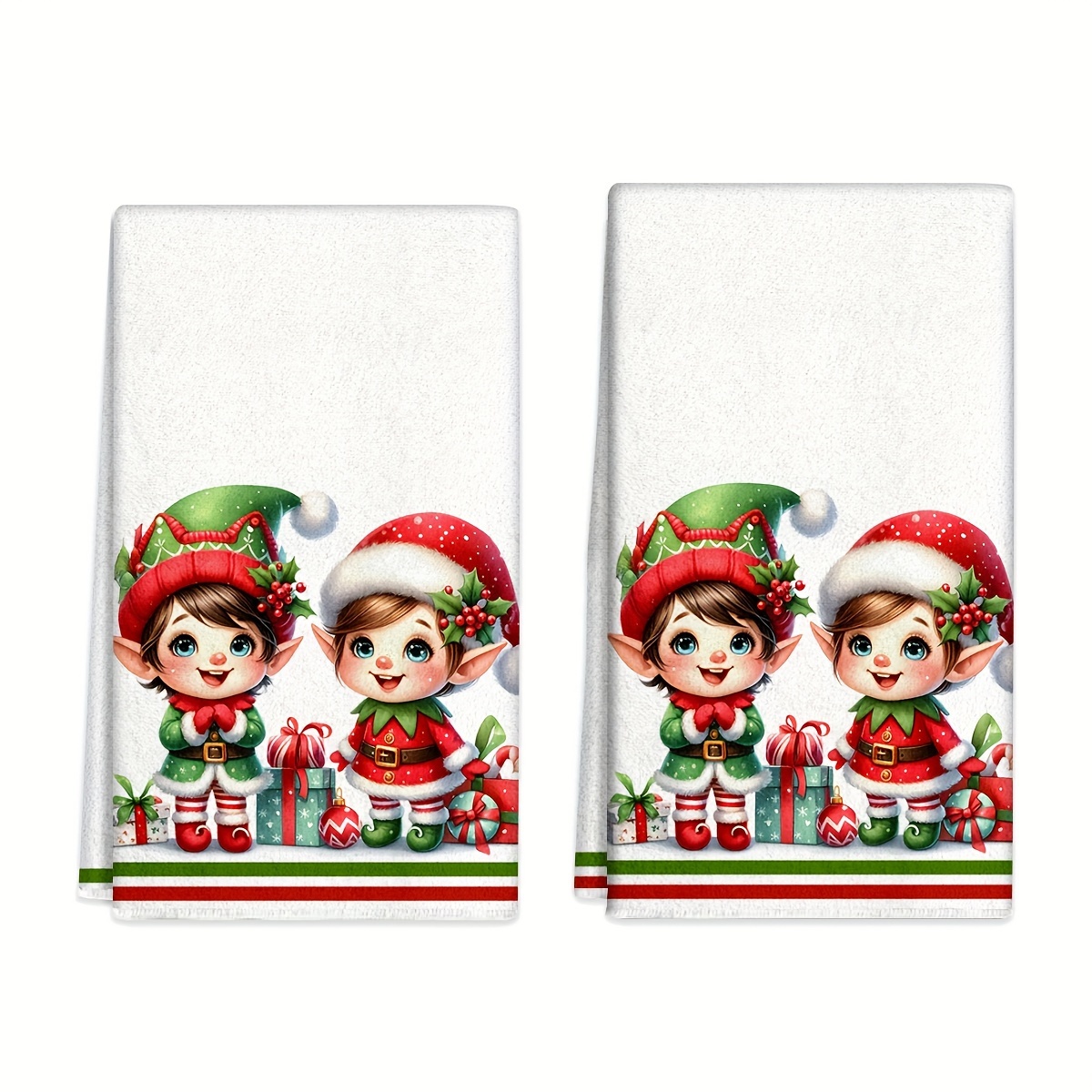 

Modern Cartoon Elf Kitchen Dish Towels - 2 Pack, Ultra Fine Knit Fabric, Machine Washable, Polyester, Christmas Themed Washing Pads For Kitchen Cleaning Supplies