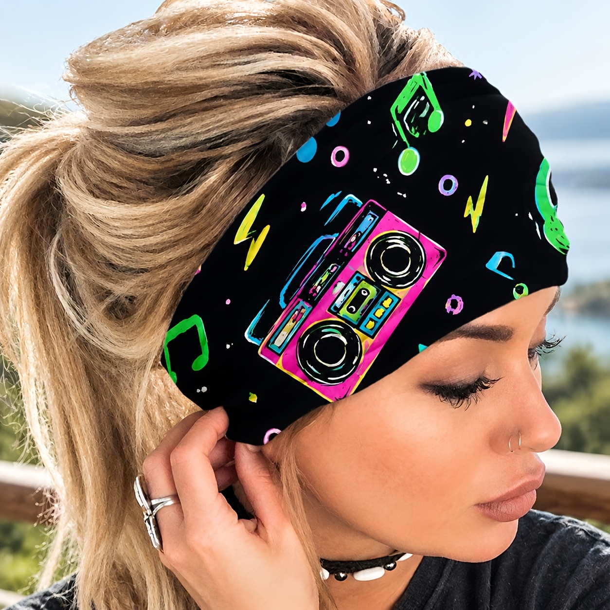 TEMU 1pc Women's Stretchy Wide Headband With Music Note & Speaker - Vibrant Pop Band Suitable For Yoga, Gym, Concerts, Festivals, Workouts - Portable
