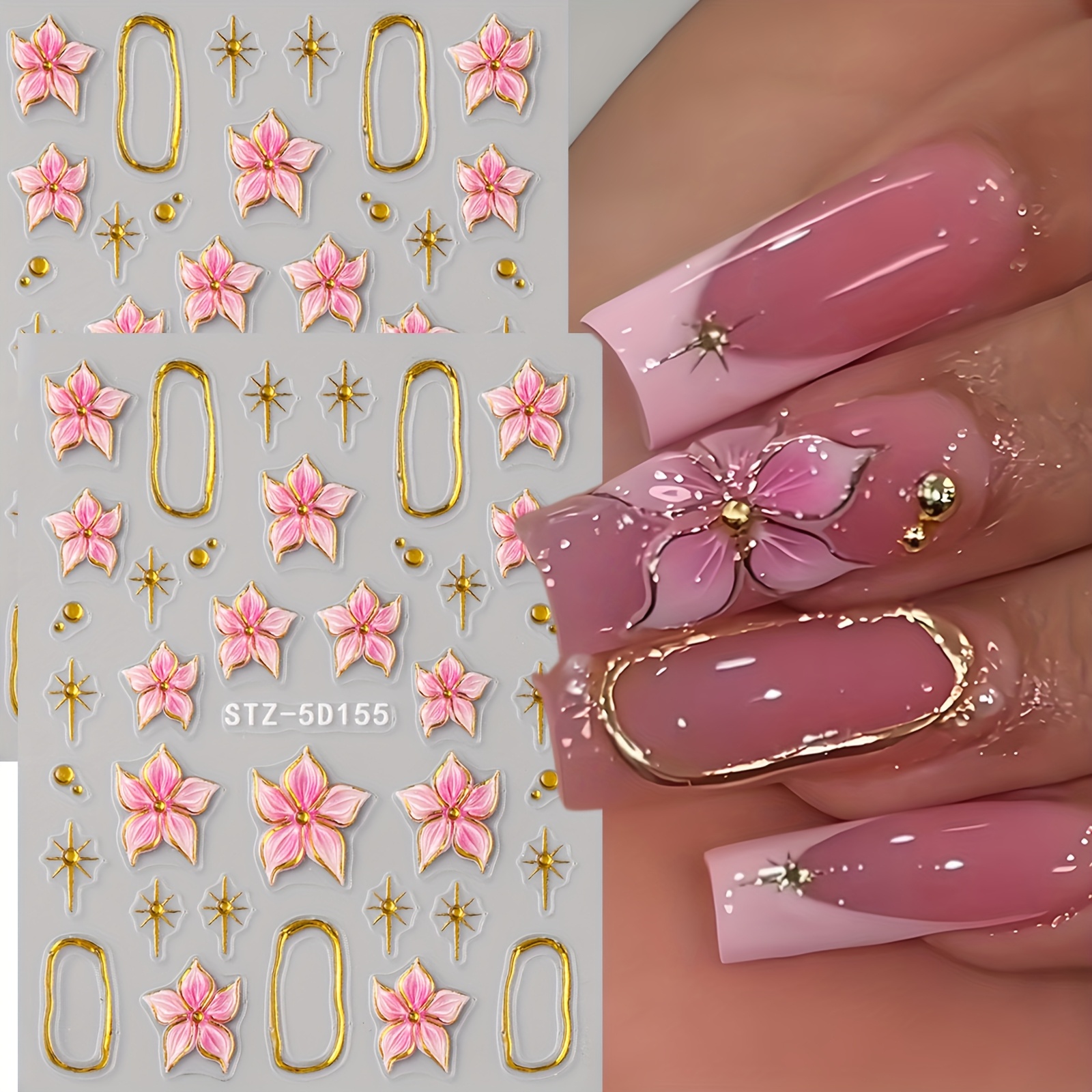 Image of 2pcs Pink Hibiscus Floral Nail Stickers - 5d Embossed Flower Petal, Shiny //bead French Tips, Soft Jelly Engraved Nail Art Decals For Valentine's Day, Wedding, Bridal Shower, Mother's Day Gift