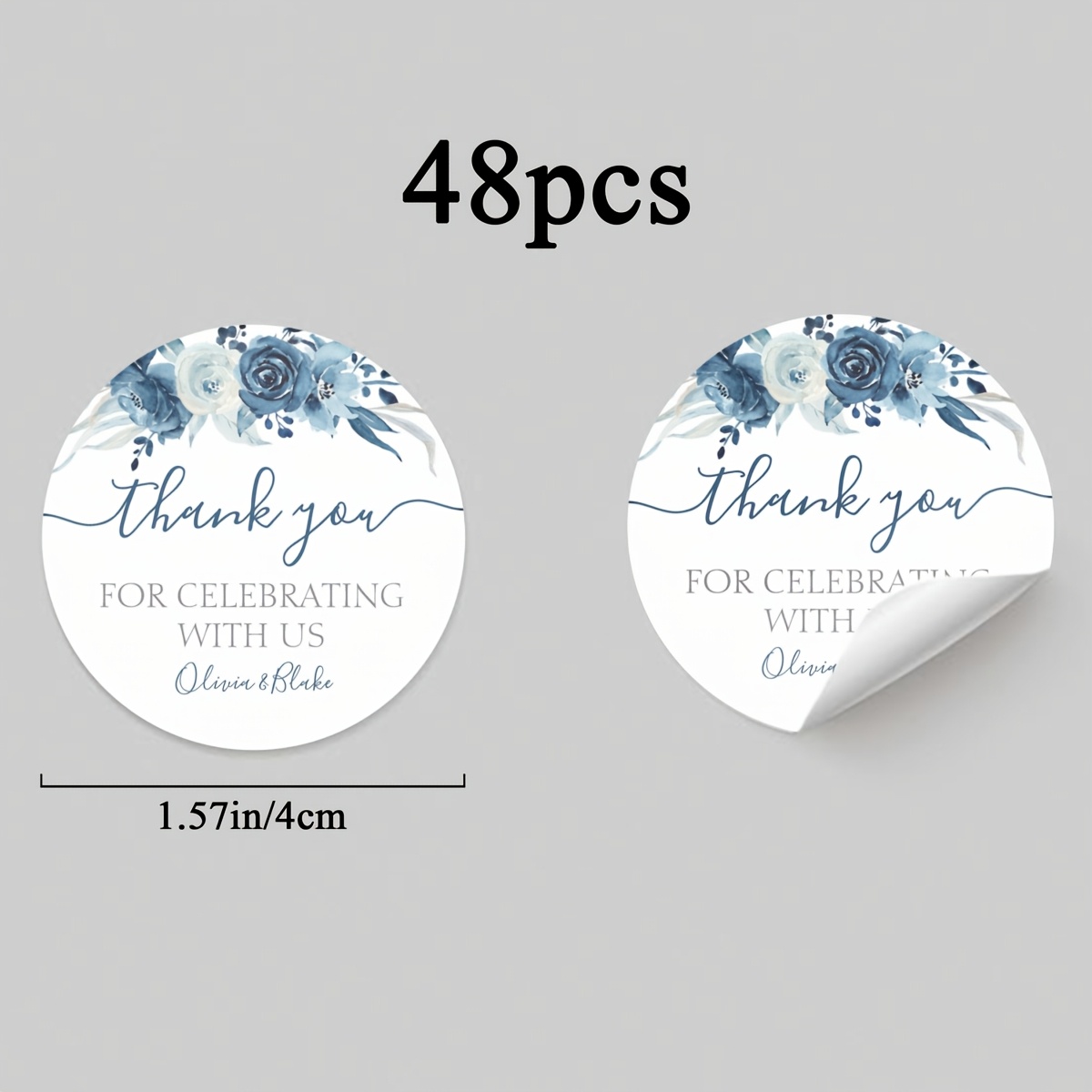 TEMU Watercolor Blue Flower Customizable Thank You Stickers, Wedding/party Favors Decor Sealing Stickers, Round Adhesive Labels
