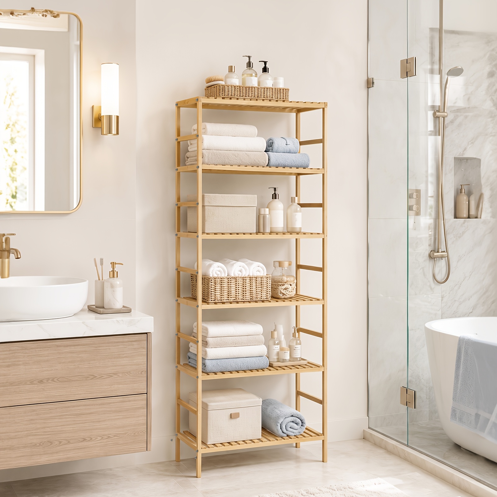 TEMU Étagère de rangement étroite à 6 niveaux en bambou de 50 cm, étagère multifonctionnelle pour salle de bain, étagère niche, couleur bois naturel,