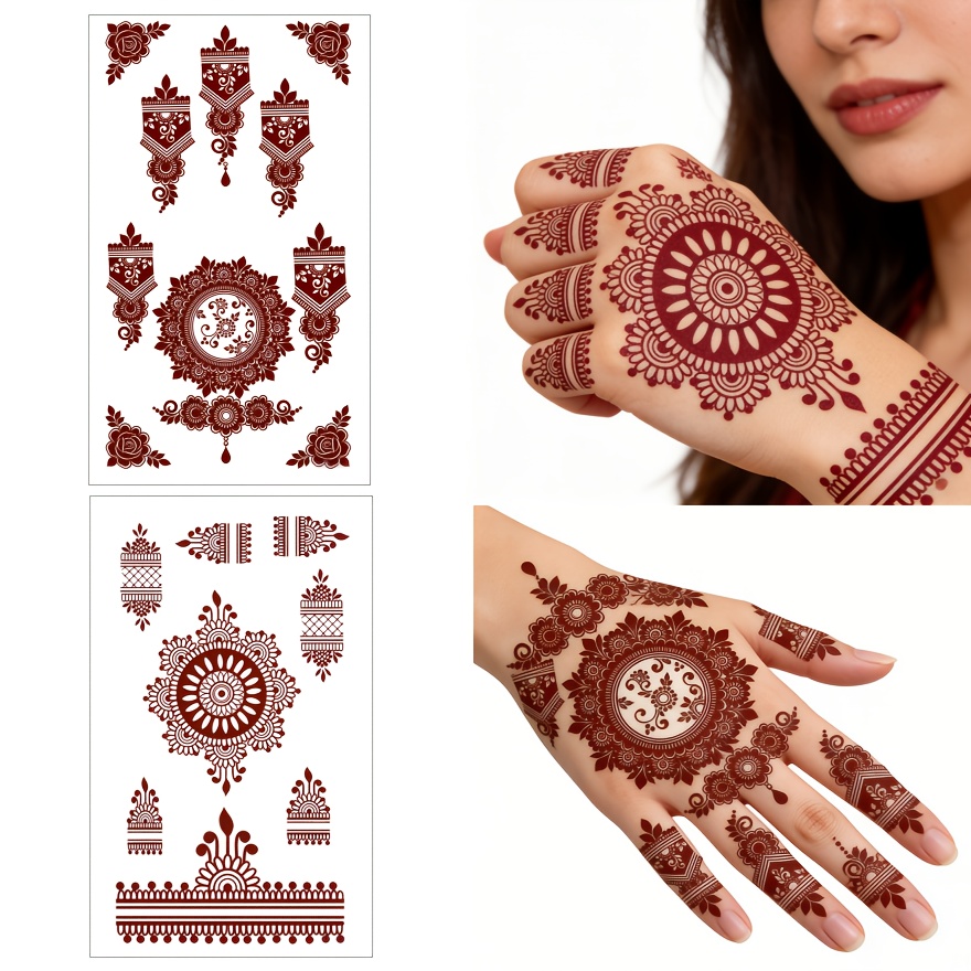 two minimalist line art temporary tattoos featuring red and brown     body art decoration on   and hands an     for festive parties and wedding outfits