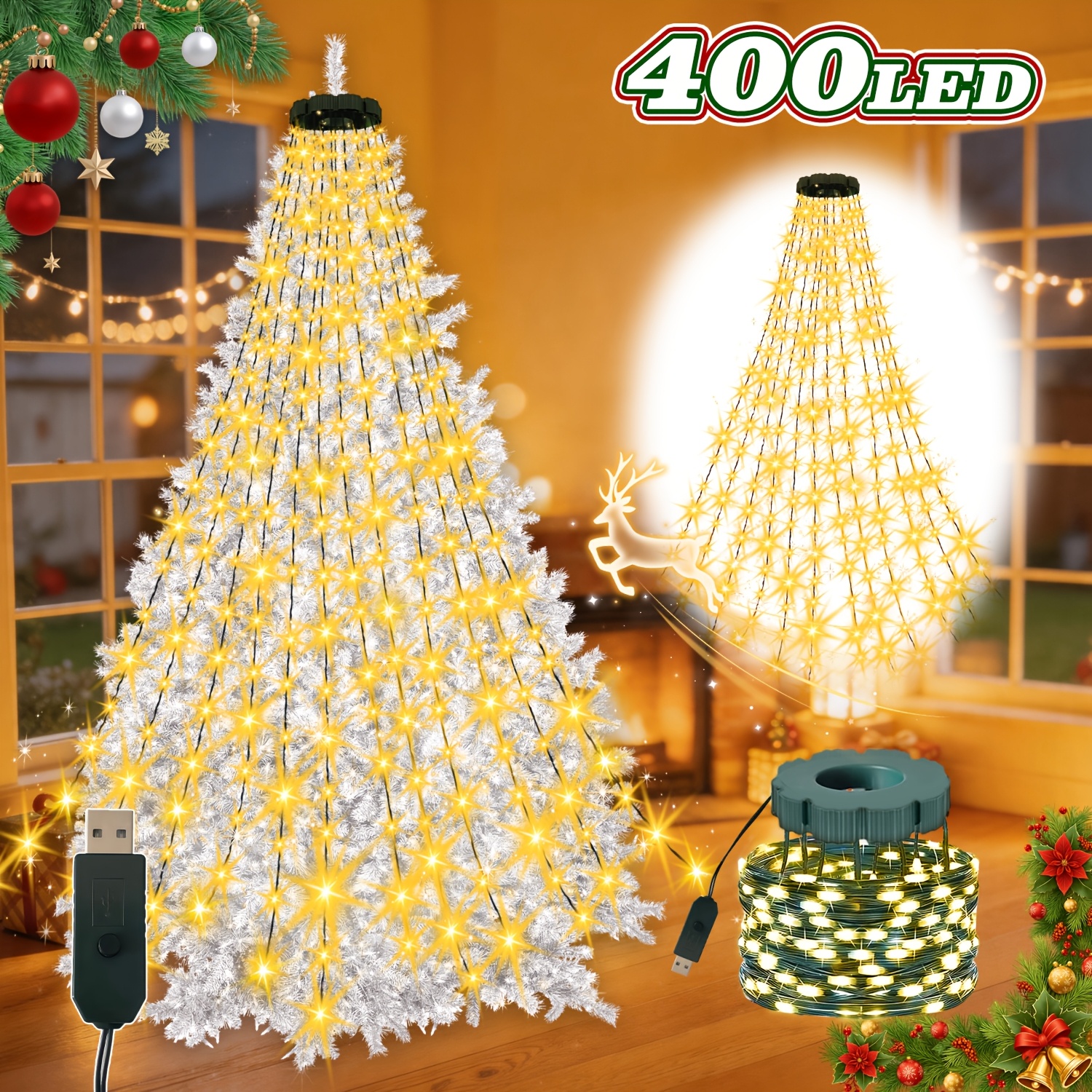 TEMU 1 Pack 220/400led Outdoor Festival Decorative Lights, 20/11 Strands Flashing Ring Smart String Lights, 12 Lighting , Usb Powered, Suitable For