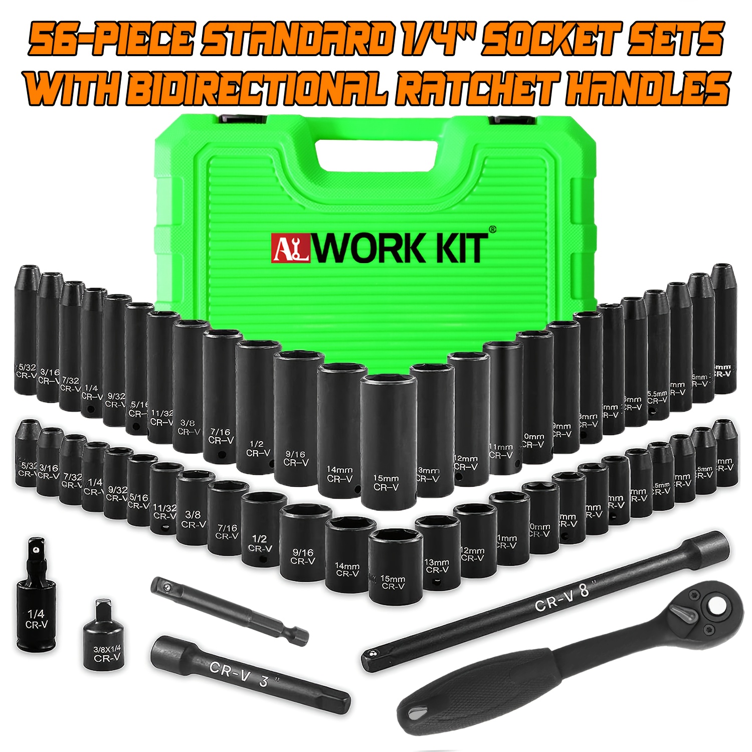 1/4inch Impact Socket Set, 56pcs SAE(5/32-9/16 Inch) & Metric (4-15mm) Size