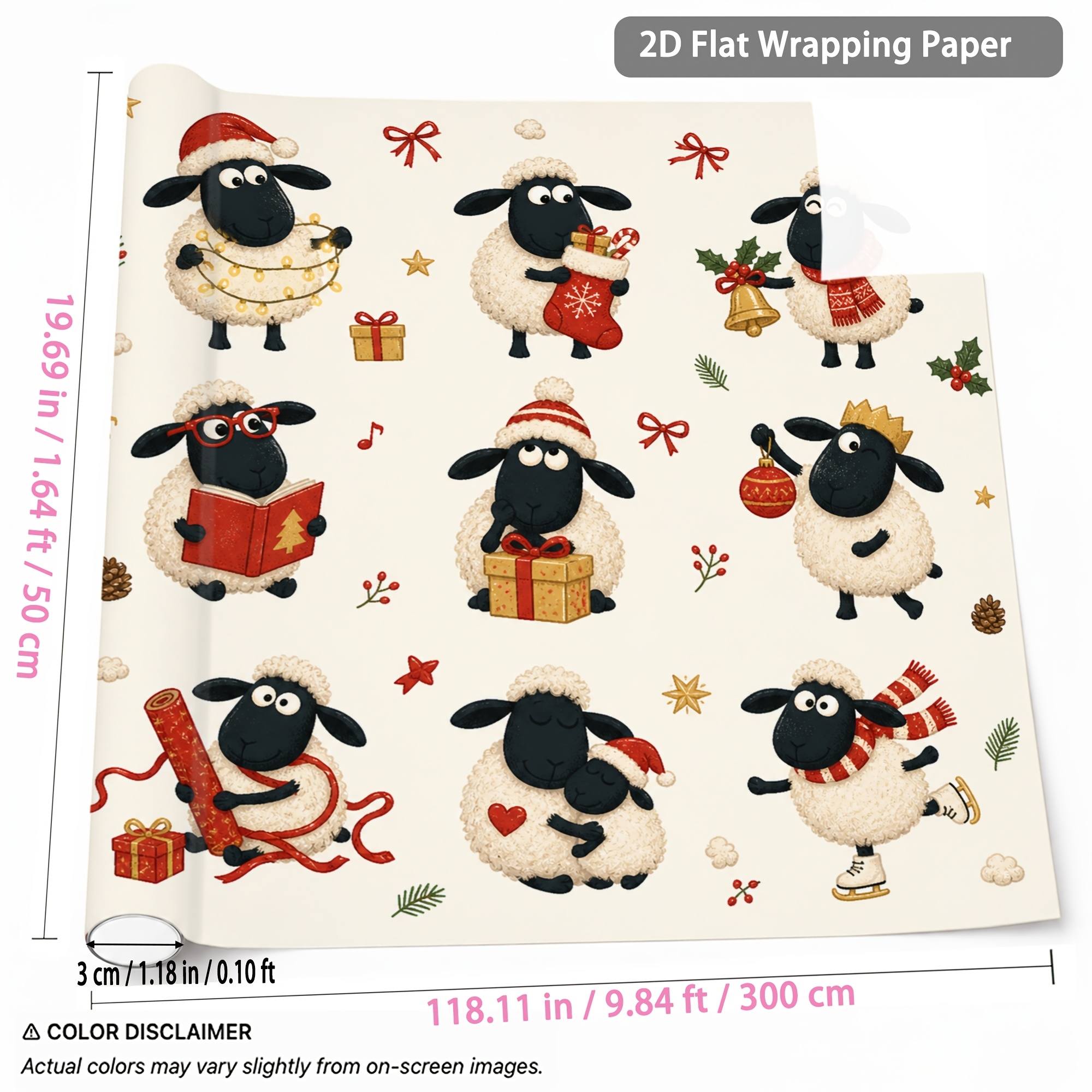 TEMU 1 Rolle Weihnachts-Schaf-Geschenkpapier, geeignet für Feiertags-Geschenkverpackungen & satte Farben (///) - einseitiger Druck mit Schafmustern,