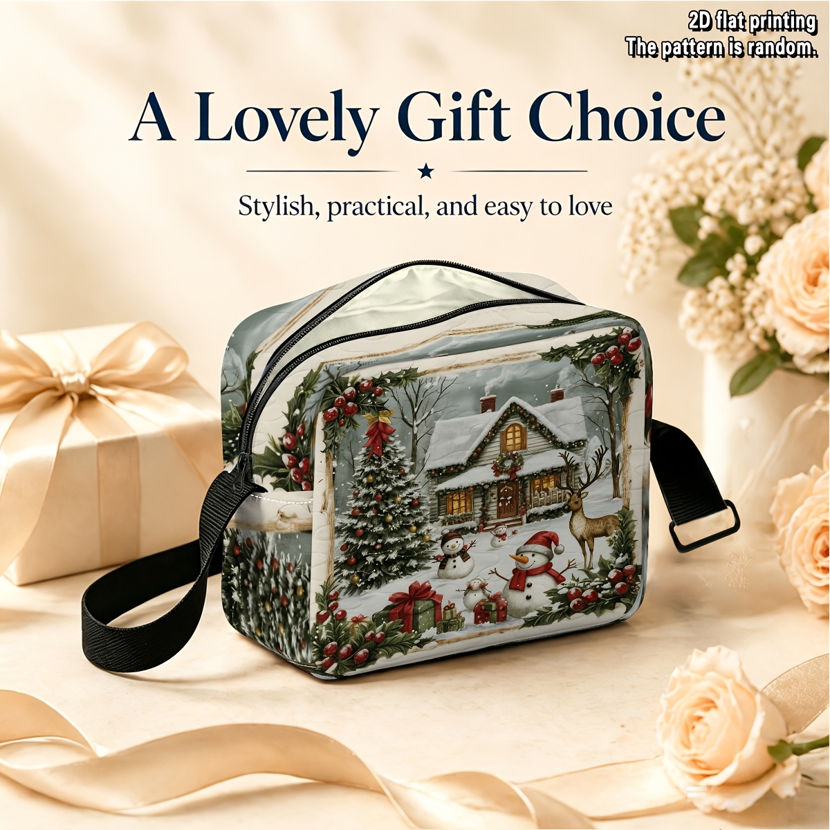TEMU Women's Small Crossbody Handbag With A Cozy Christmas 2d Flat Random Print | Suitable For Travel, Office, And Daily Use, A Lightweight, Compact,
