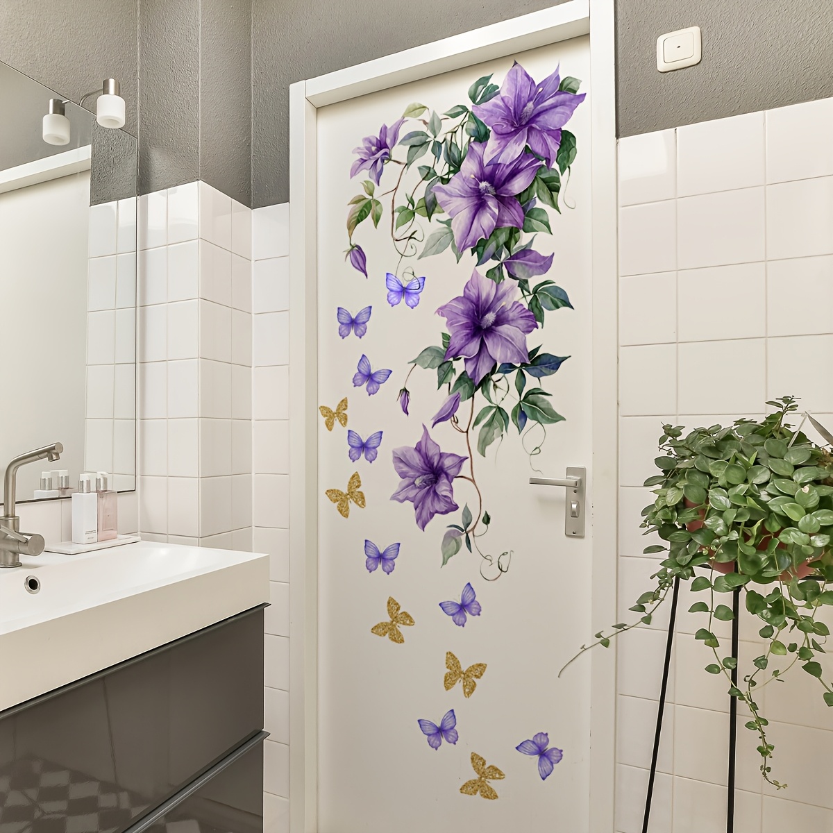 

Purple Floral Vine & Butterfly Bathtub Decal - Creative Bathroom Wall Sticker, 12"x24", Living Room, Bedroom, And Home Decor