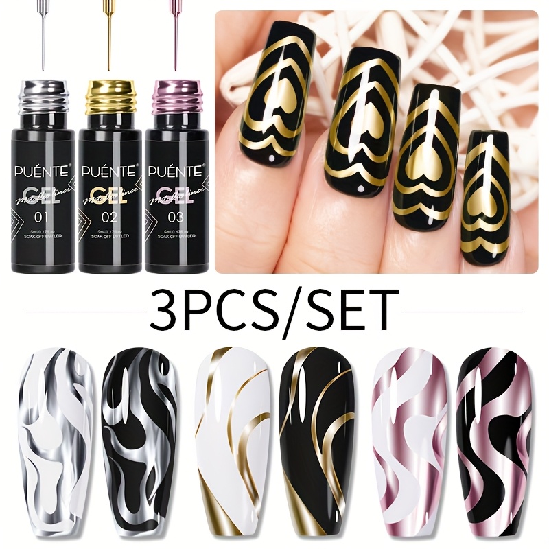 Image of Puente 3pcs/set 5ml Metallic Liner Gel Nail Polish, , Fine Brush Tip For , Graffiti, And Stripe Patterns, Semi-permanent Led Nail Art Gel Varnish, Alcohol-free, Easy-to-use, Liner Gel For Nail Art