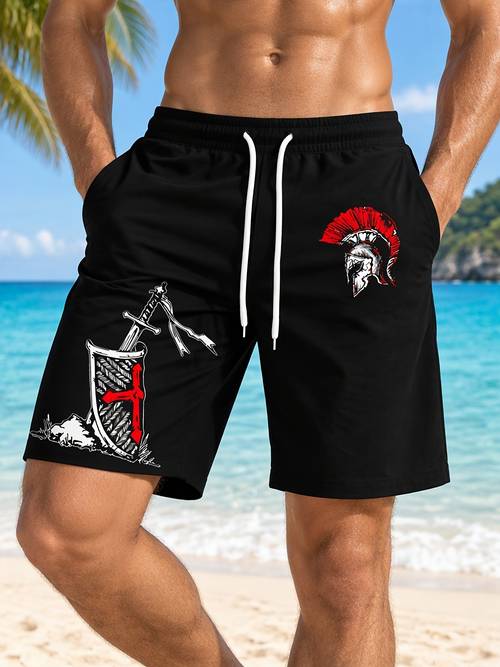 printed design not textured mens beach shorts with spartan helmet sword and shield cross print quick drying shorts for seaside surfing and swimming casual sporty style halloween costume outfit comfortable and breathable