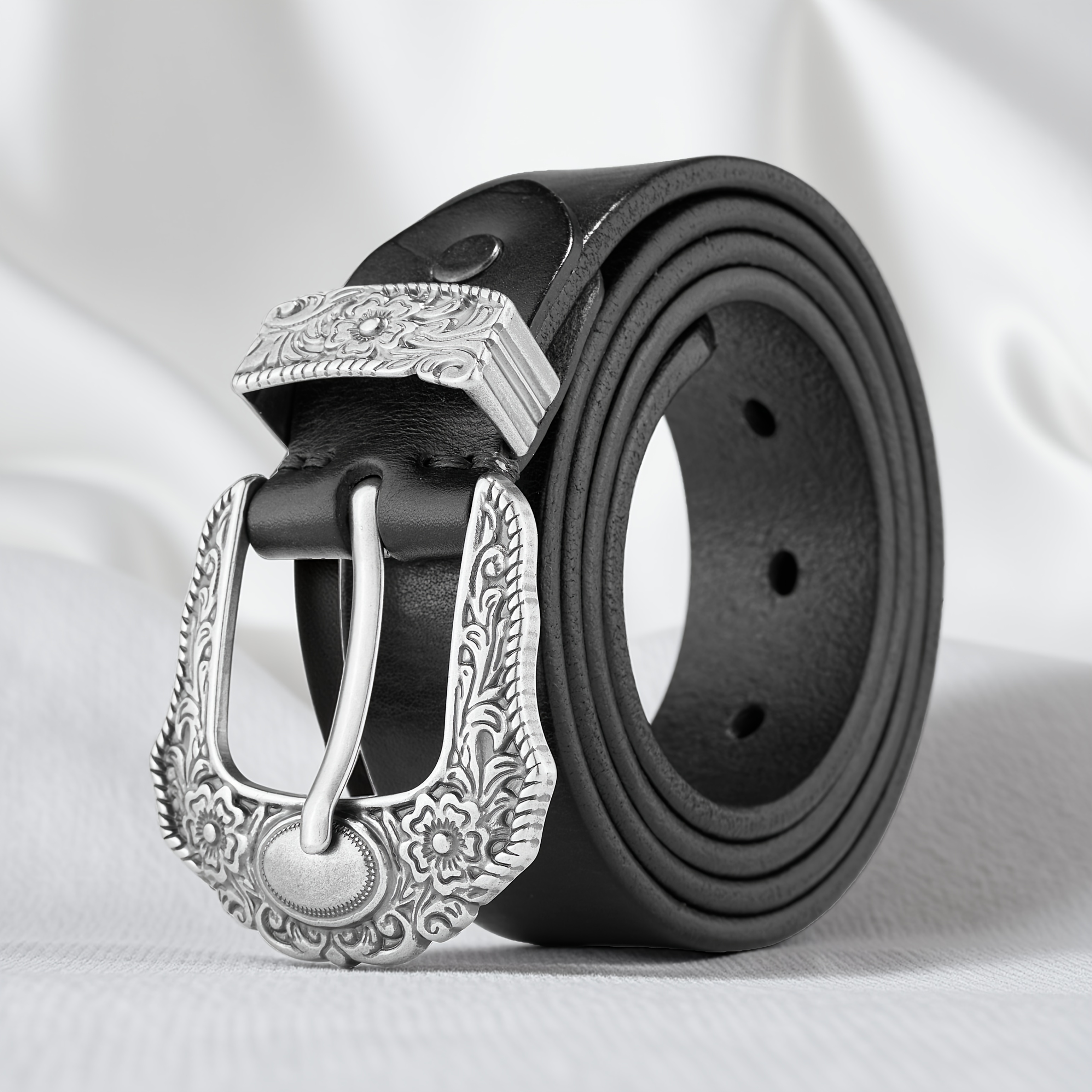 TEMU Western Vintage Style Genuine Leather Belt | Featuring An Embossed Floral Silvery , Exquisite Vintage , Rich Texture, Versatile For Cowboy &