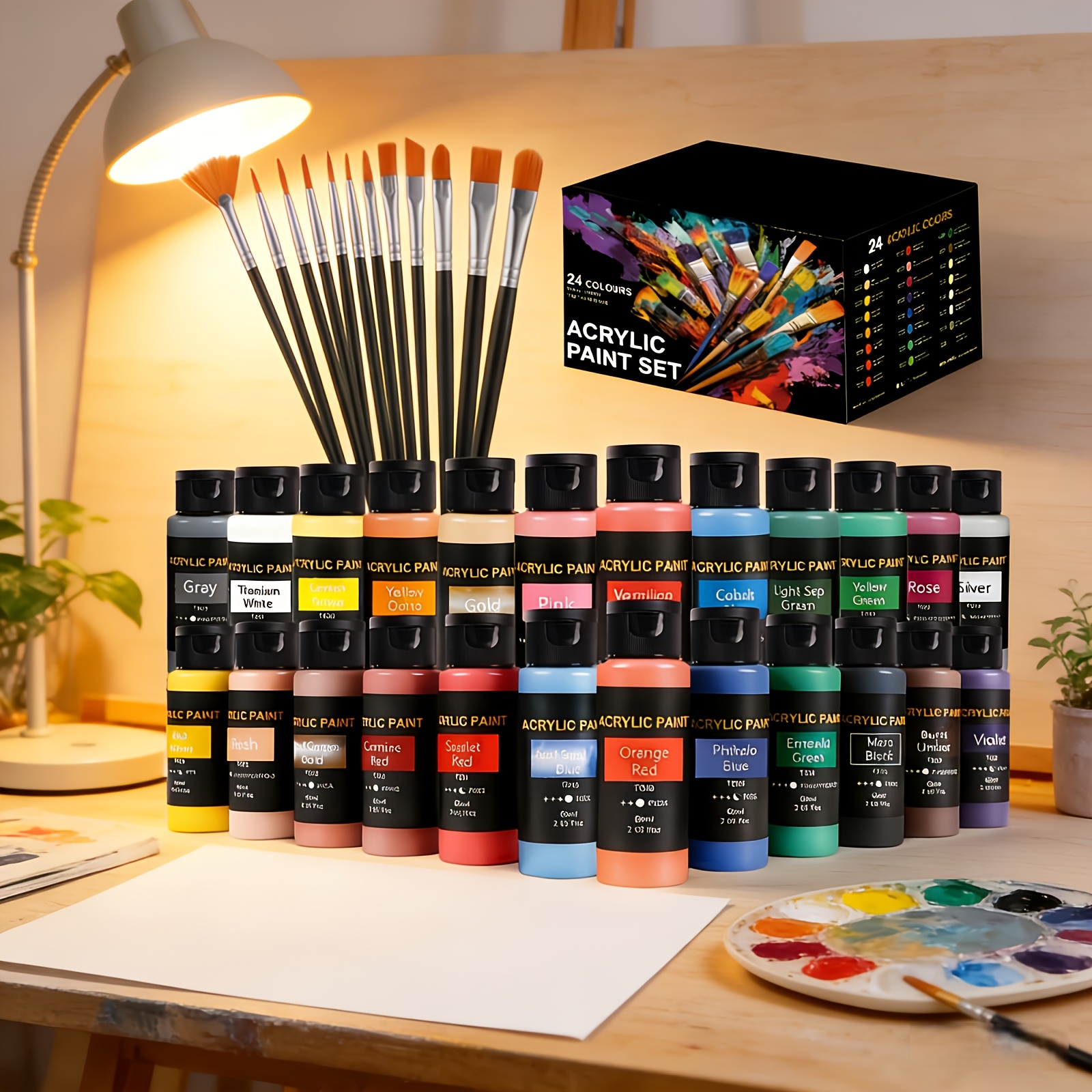 TEMU Beginner-friendly Acrylic Paint Set For Professional Art Use: 24 Colors With 12 Art Brushes, Premium Paint Set For Artworks & Crafts, Rich,