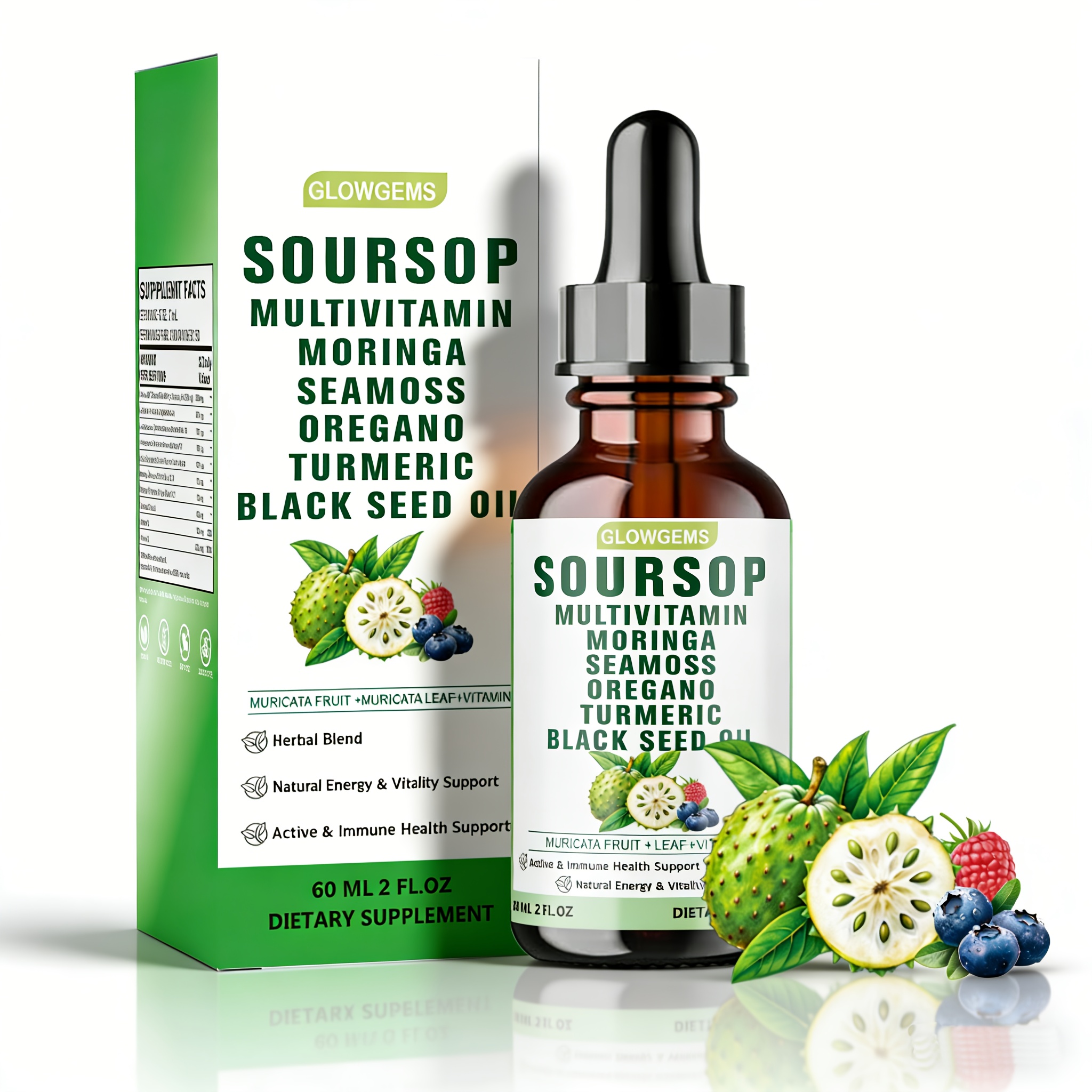 10-in-1 Soursop Graviola Liquid Drops 60ml (2fl.oz) - 1800mg Extra Strength Formula with Sea Moss, Moringa, Ashwagandha & Black Seed Oil - High Absorption Natural Herbal Extract