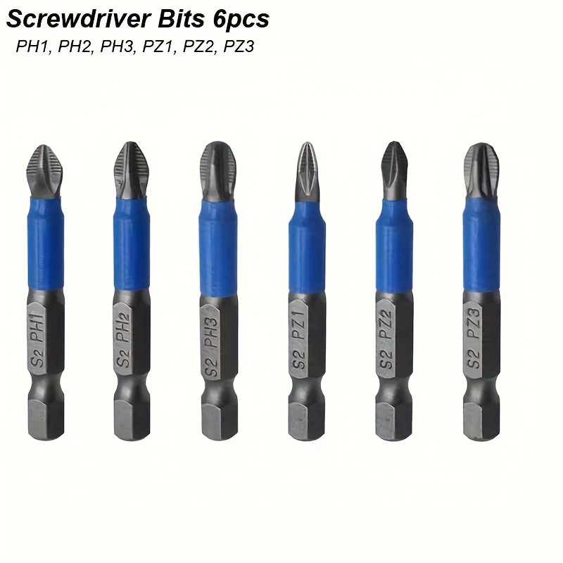 TEMU 6pcs Magnetic Screwdriver Bit Set, Bits 1/4 Inch Hex Shank - Compatible With Ph1 Ph2 Ph3 Pz1 Pz2 Pz3, Metal, Industrial Hand Tools