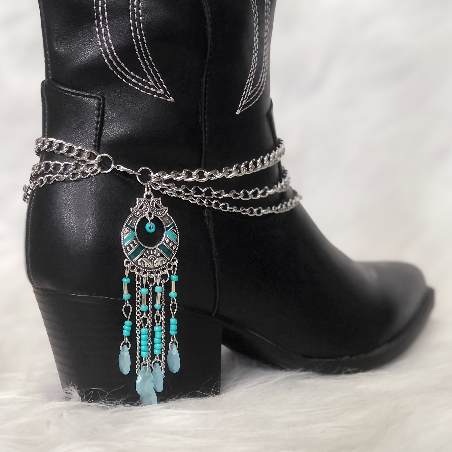 

Bohemian Iron Western Boot Chain With Turquoise Beads And Tassel Pendant, Ideal For Festival Wear And Cowboy Boots Accessory