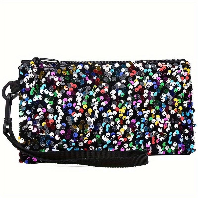 TEMU Chic Black Sequin Clutch Wallet For Women - Sparkly Nylon Phone & Coin Purse With Zipper, Lightweight With Fixed Strap, Cute Wallet