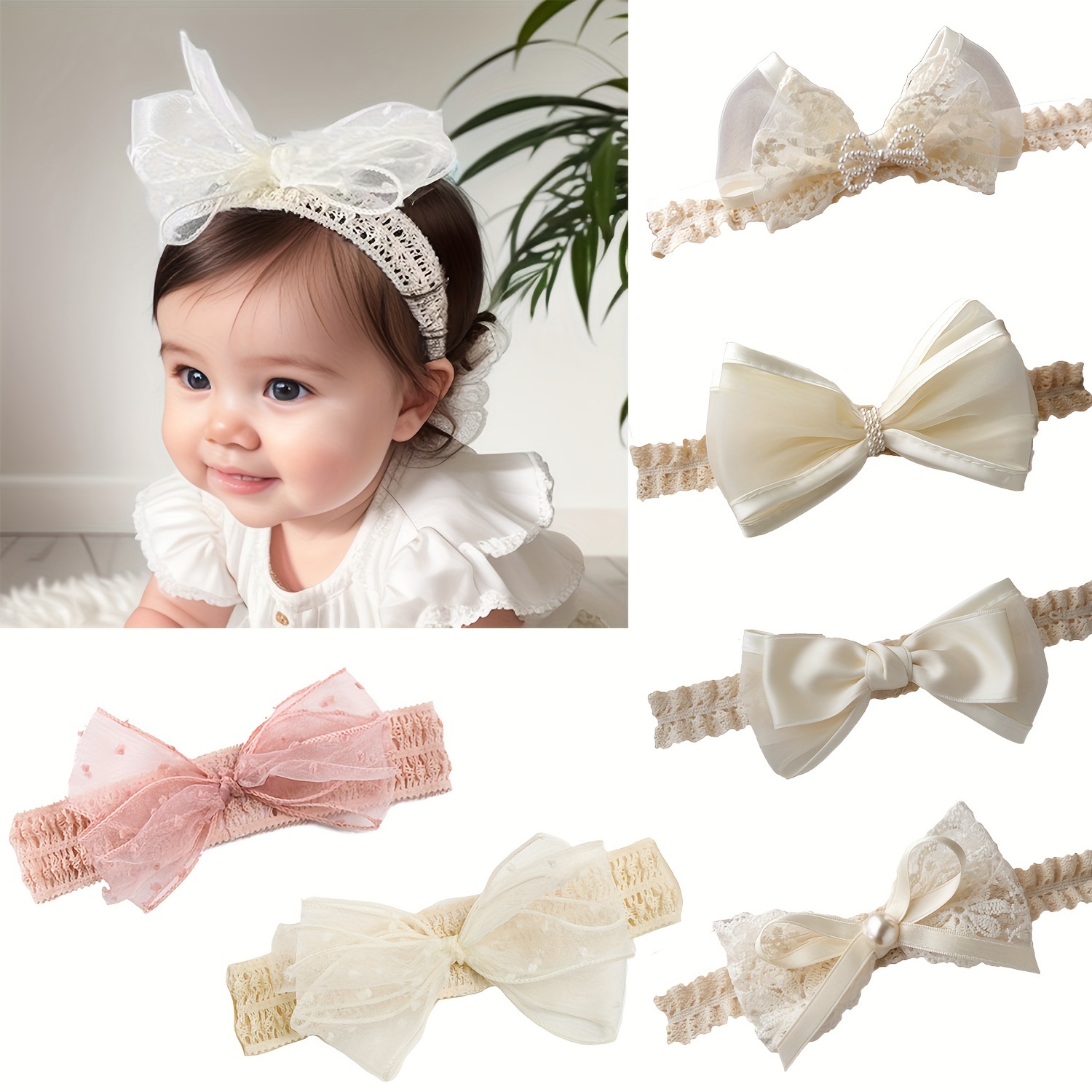 Bandeaux Bébé Fille - Dentelle Blanche Avec Double Nœud - Doux Et Élastique - Accessoire Cheveux