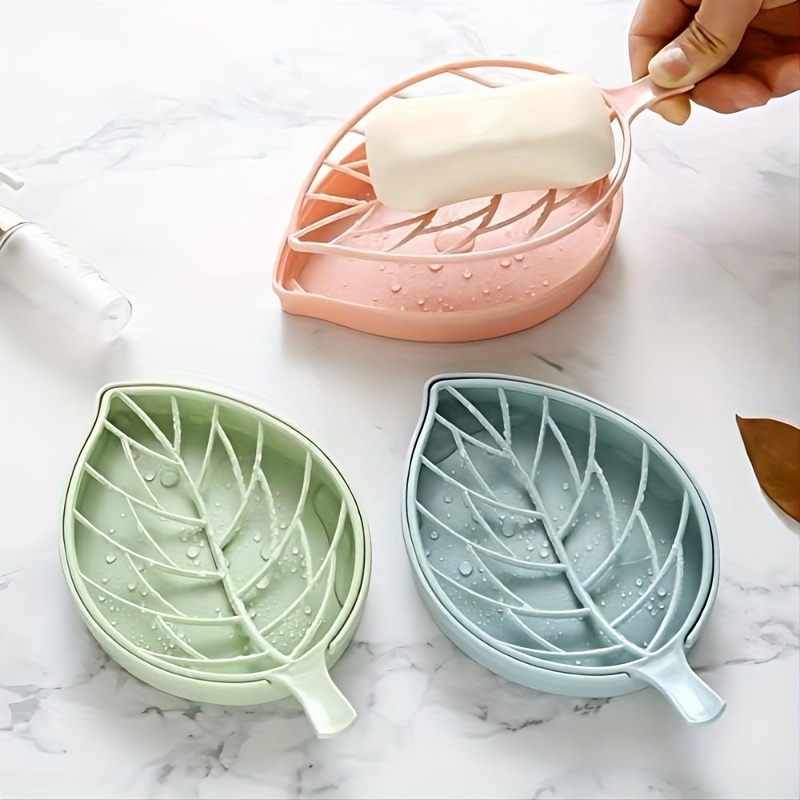 

1pc Fashionable Leaf-shaped Soap Dish With Drain Tray - Plastic, Suitable For Shower And Kitchen