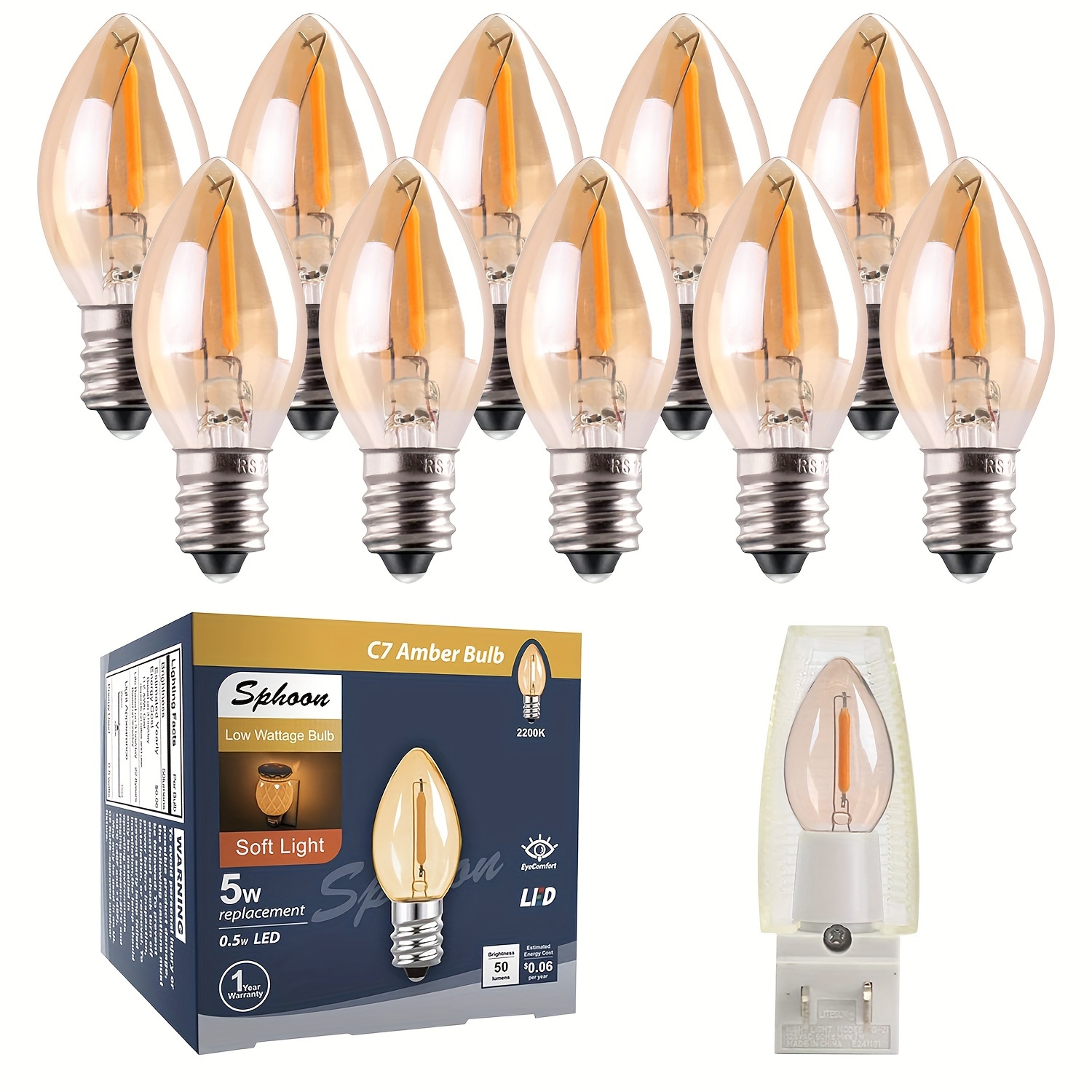 

C7 Led Bulb, 0.5w Nightlight Candle Bulb, Amber Glow 5w Incandescent Replacements E12 Candelabra Base Led Filament Night Bulb Ultra Warm White 2200k Decorative String Edison Lamp Pack Of 10