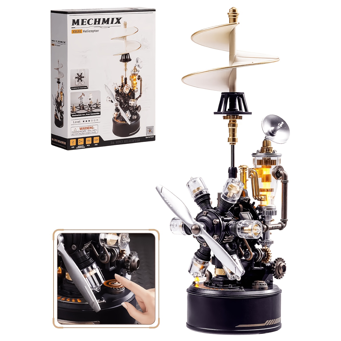 Image of Robotime 3d Plastic Puzzle, Leonardo 's Helicopter Model Kit, Mechanical Building Set With Light, Pvc Engineering Model, Gift For Collectors And Stem Lovers 14+