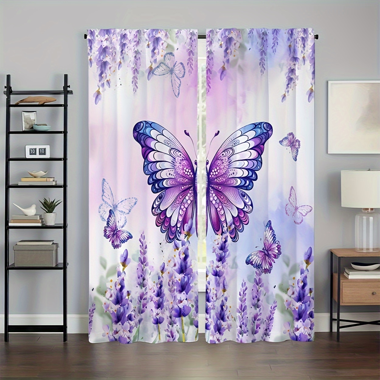 

2pcs Purple Lavender & Print Curtains - Light-filtering, Rod , Fade-resistant For Living Room, Bedroom, Office Decor