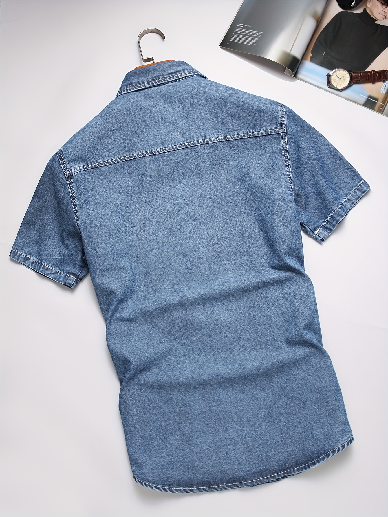 Men'S Fashion Summer Denim Short Sleeve Shirt (Washed Denim Medium Blue)