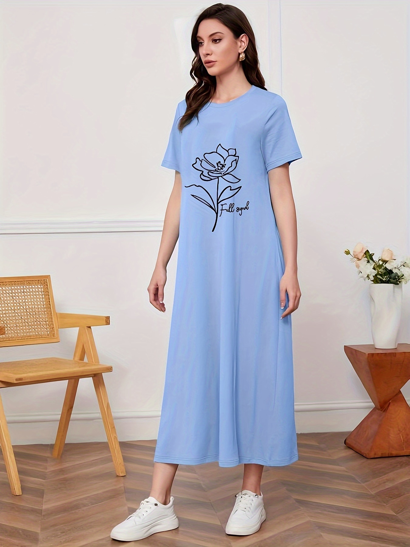 rose print crew neck dress casual short sleeve dress for spring summer womens clothing