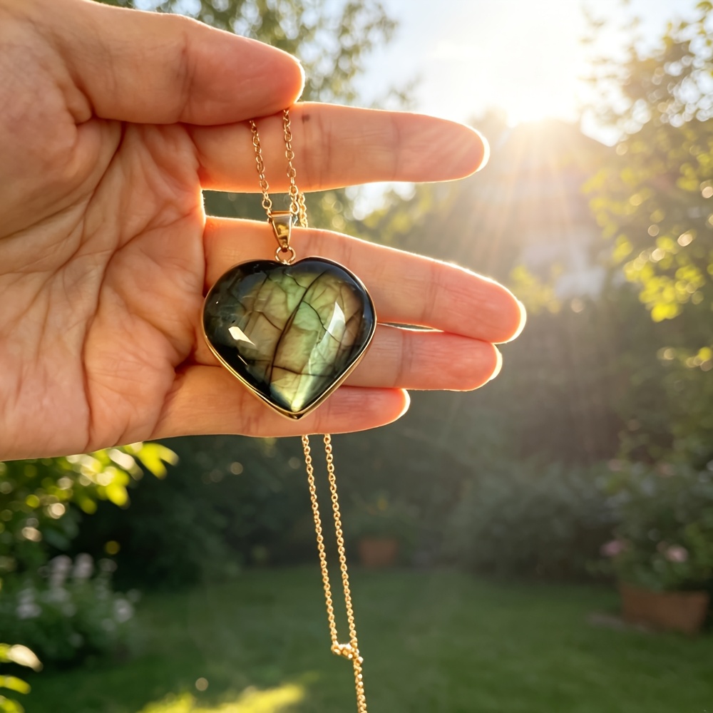 Handmade Heart Iridescent Labradorite Necklace, Boho Style