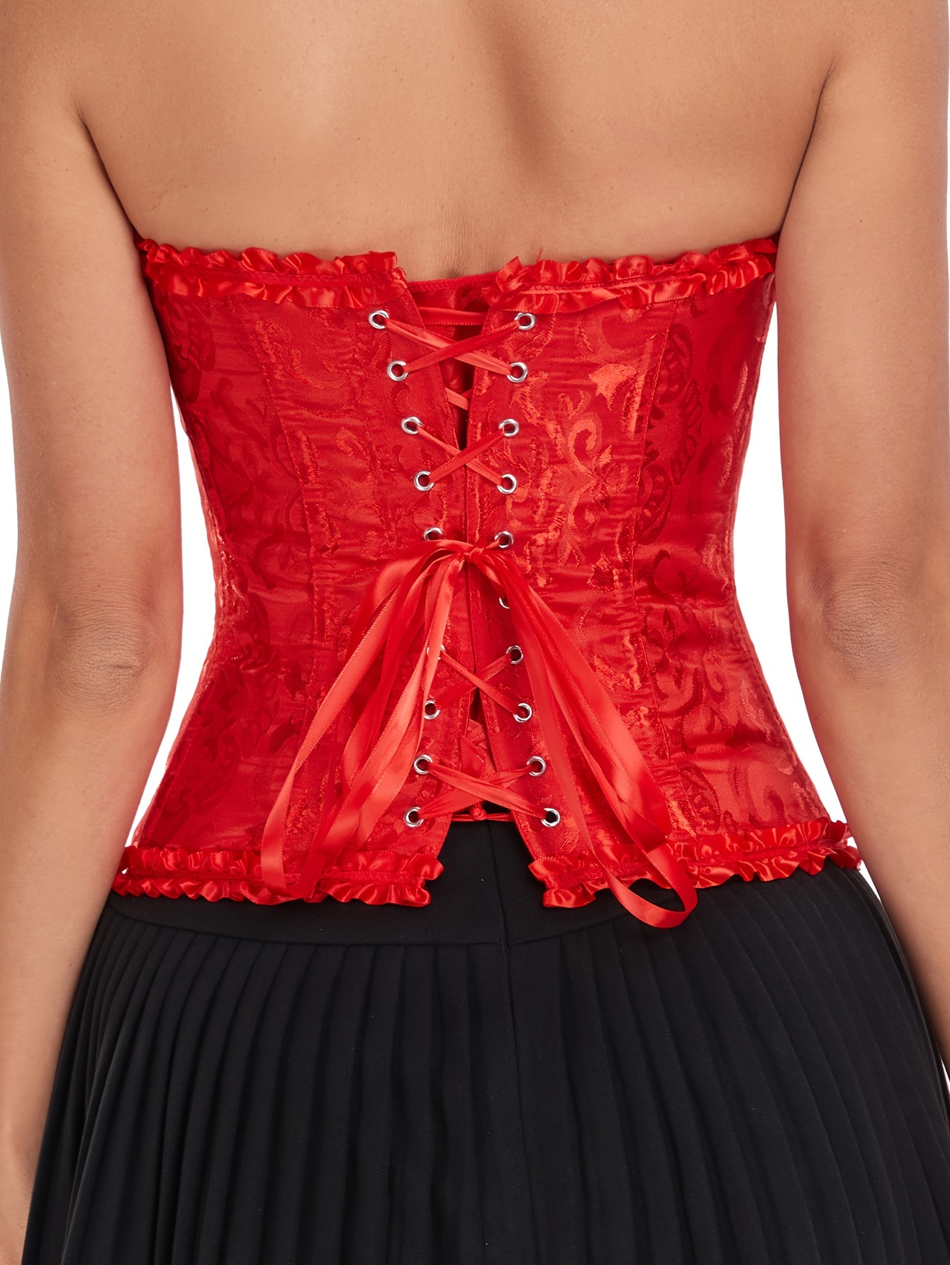 2023 Elegant Sexy Lady Tie Shoulder Floral Lace Up Back Cutout Curved Hem  Tight-Fitting Bustier Corset Shapewear Top