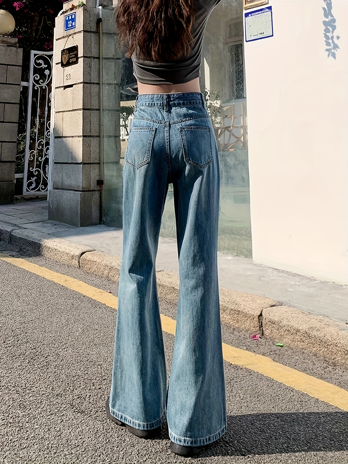 Women'S High-Waist Flare Jeans Vintage Style Fit, Non-Stretch Denim  with Button Details, Long Bell Bottom Pants for Casual Wear, Relaxed Fit