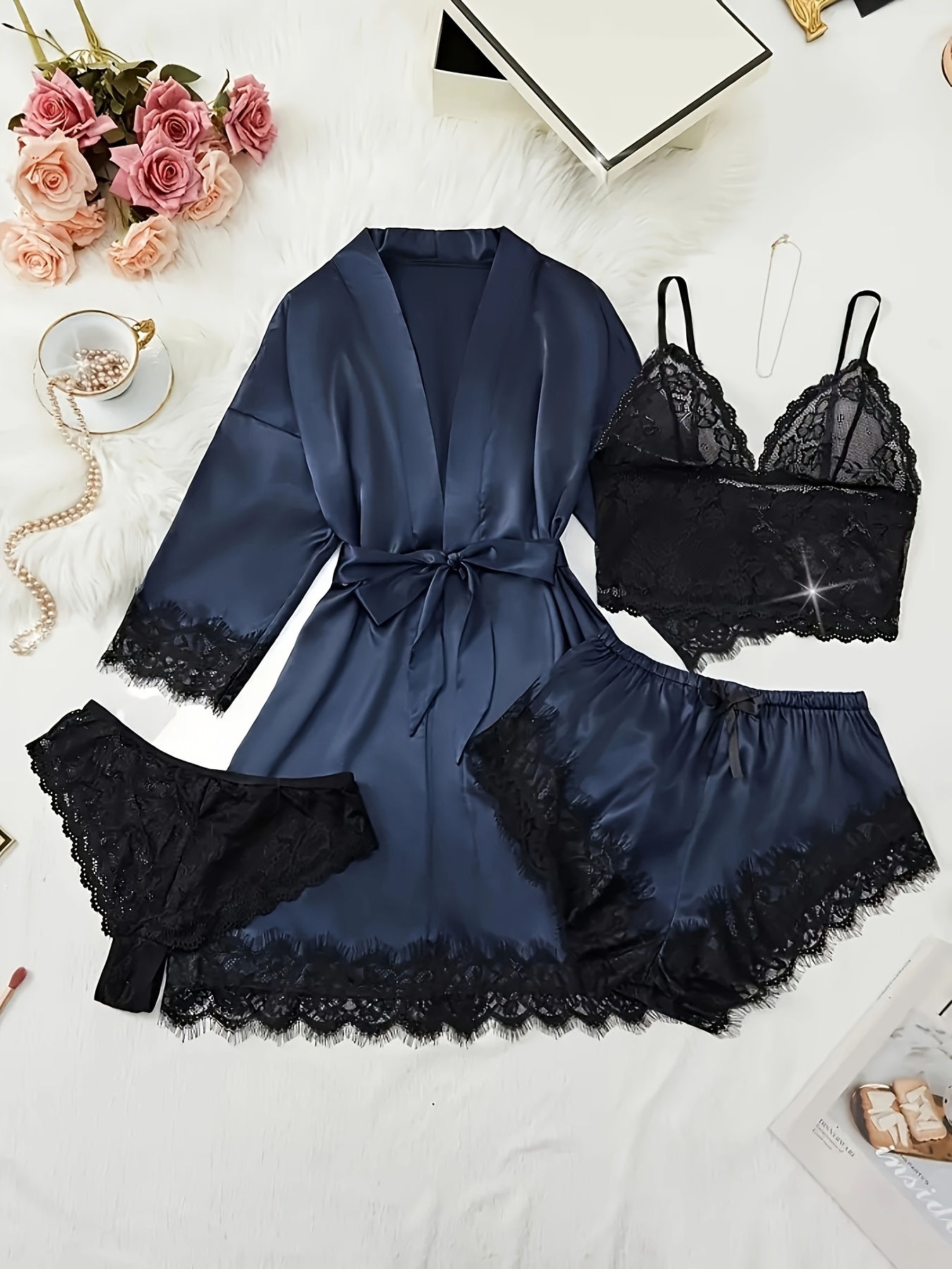 womens satin fabric pajama set floral lace camisole sleepwear and robe 4pcs set   plus size nightwear with pants and belt loungewear