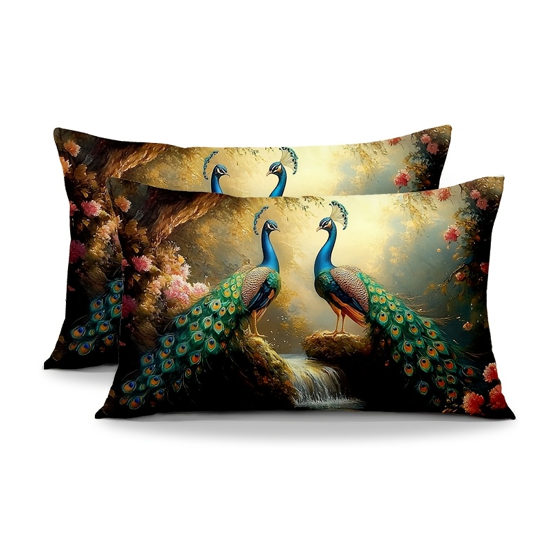 TEMU Set van 2 korte pluche kussenhoezen met prachtige pauwen met glinsterende veren, ontworpen voor decoratieve lendenkussens van 12x20 inch. Deze