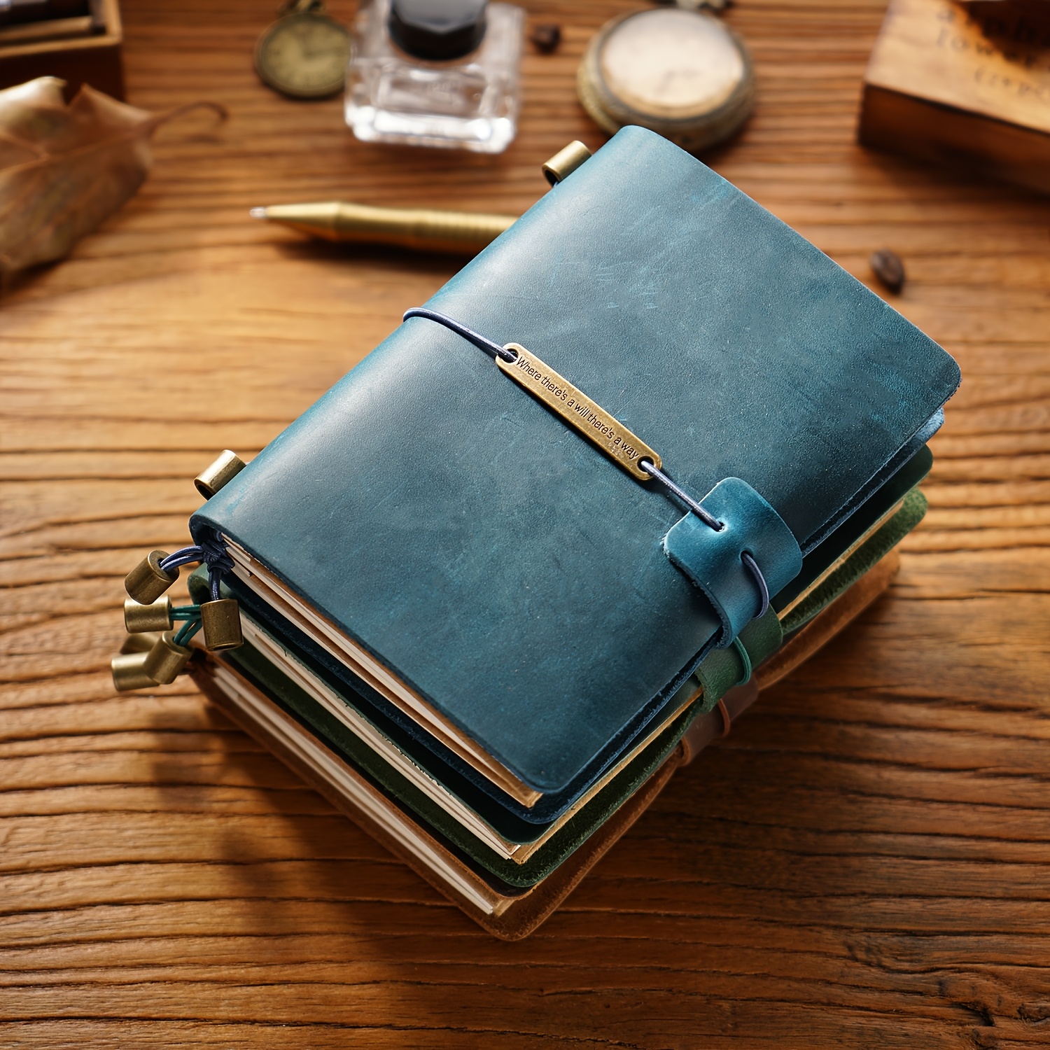 AIGUONIU Vintage Traveler'S Notebook - Genuine Full Grain Crazy Horse Leather Journal with Elastic Closure, Pocket Size A5, Handmade & Refillable, English Language, Travel Notebook|Vintage Style Notebook|Durable Leather Cover, Travel Journaling
