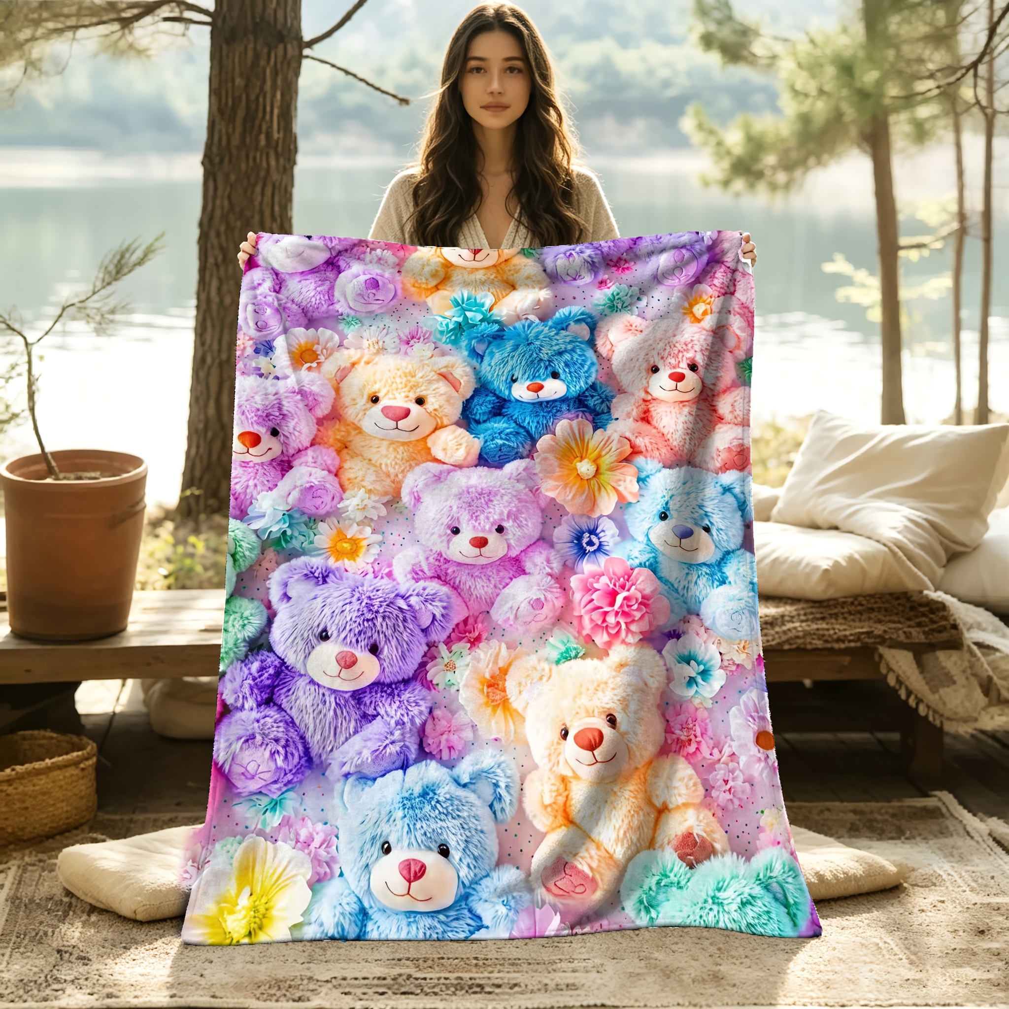 TEMU 1pc 2d Flat Print Teddy Bear Flannel Blanket, Featuring A Full-print Of And Floral Patterns In Various Colors, Single-sided Print, Suitable For