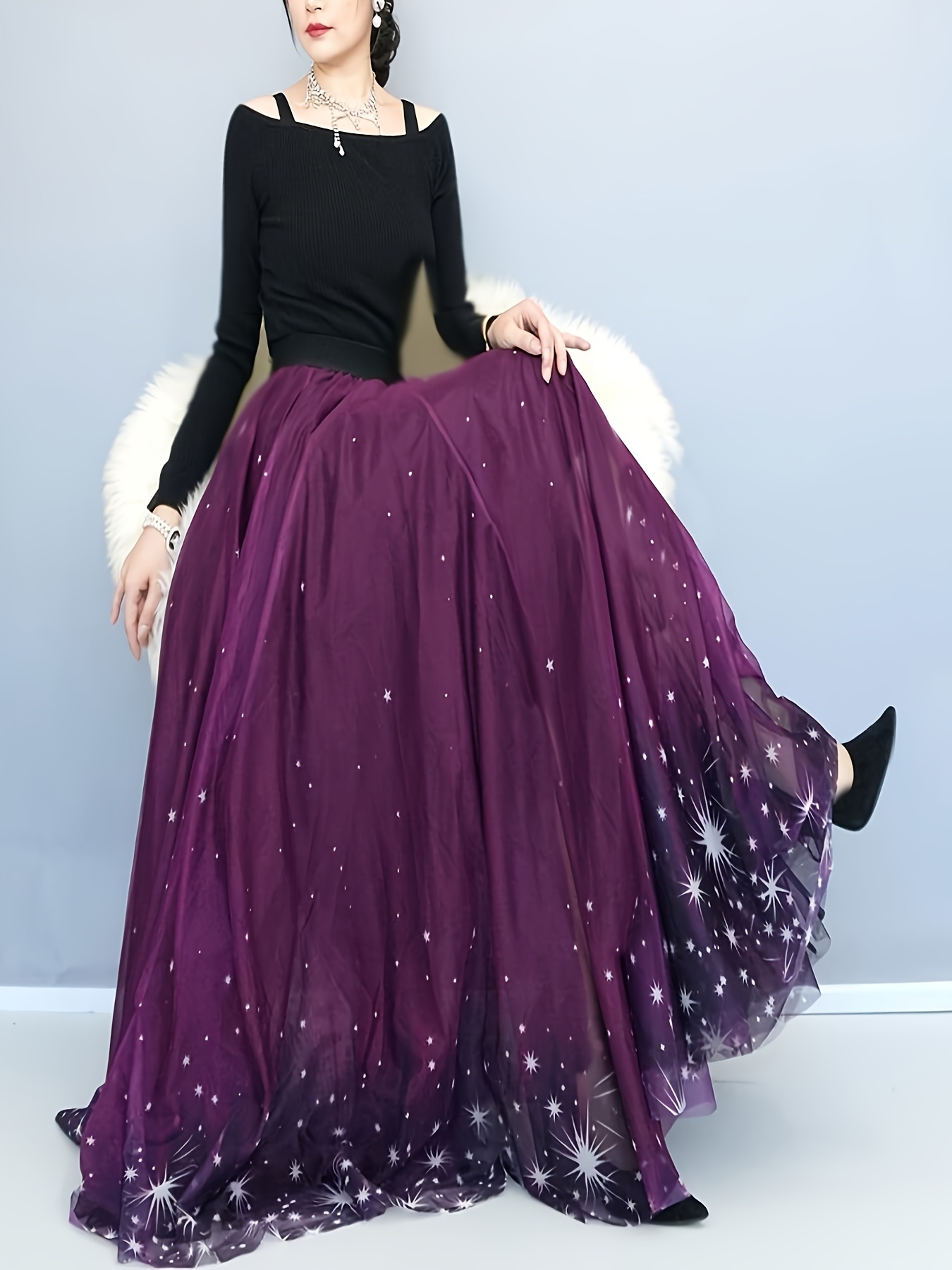 Elegant Women'S Maxi Skirt with Flowing Tulle Overlay Purple, Long  Sleeve, High-Waisted Versatile for Casual or Formal Occasions, Formal  Attire|