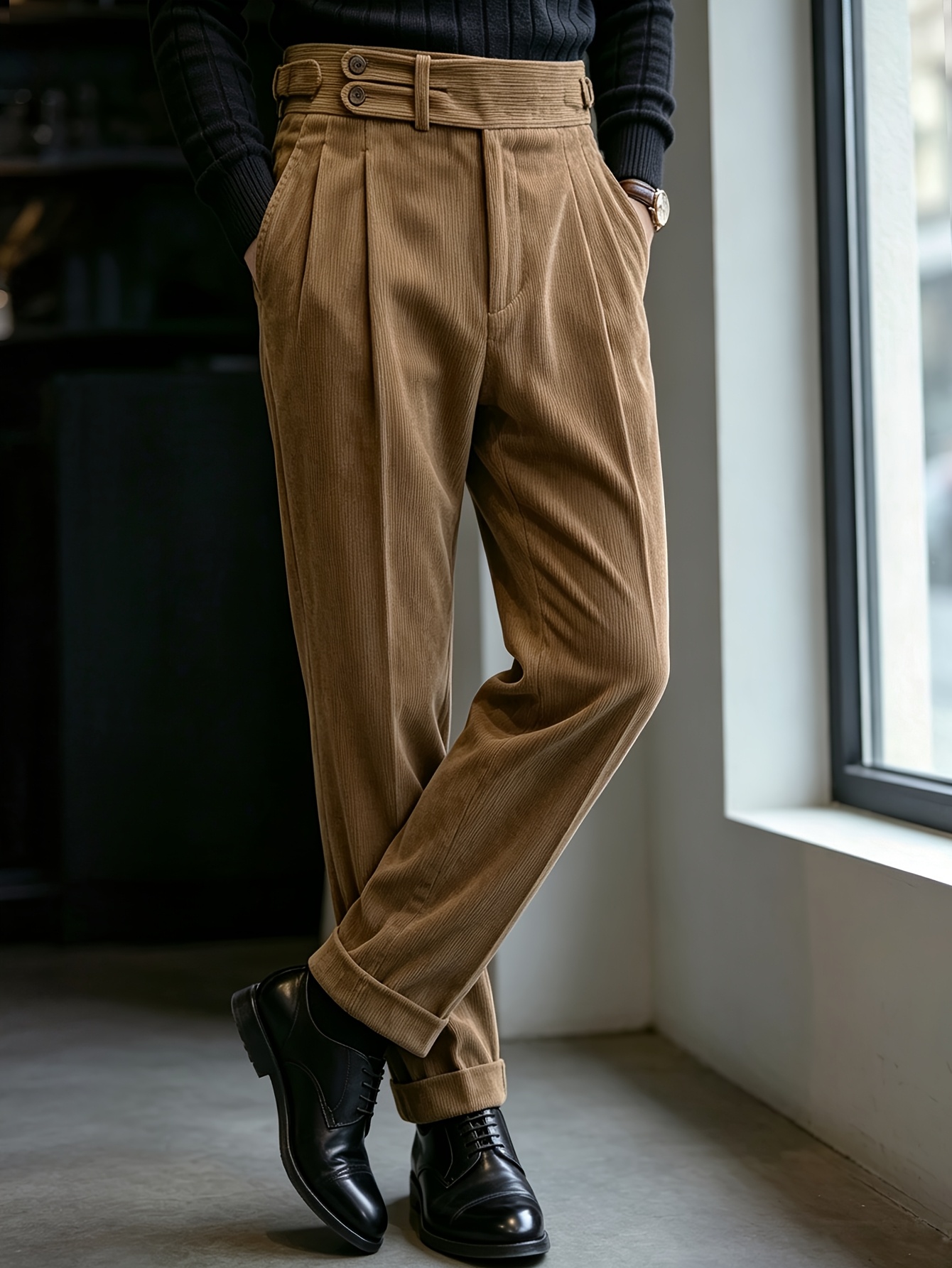 Autumn/Winter New Corduroy Ribbed Cotton Fabric Light Business Elegant Italian Neapolitan Solid Color Button Side Paris Buckle Sword Head Waistband Double Pleat Straight-Leg Trousers Men's Formal Pants Suit Pants Gurkha Pants, Suitable for Daily Work