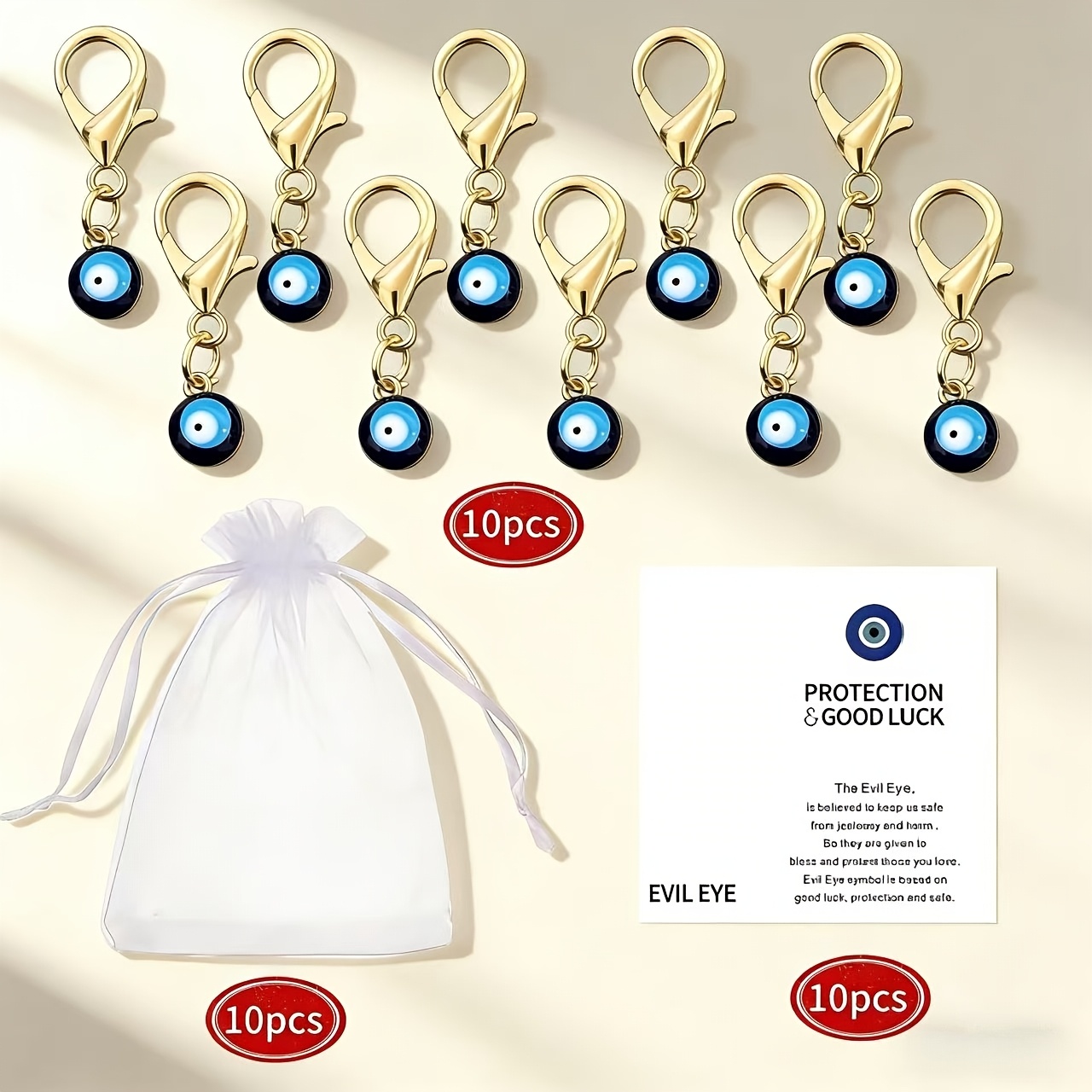 E-shop 30-teiliges Schlüsselanhänger-Set mit blauem Böser--Symbol – 10 Schlüsselanhänger mit Böser--Symbol + 10 Karten + 10 weiße Beutel –