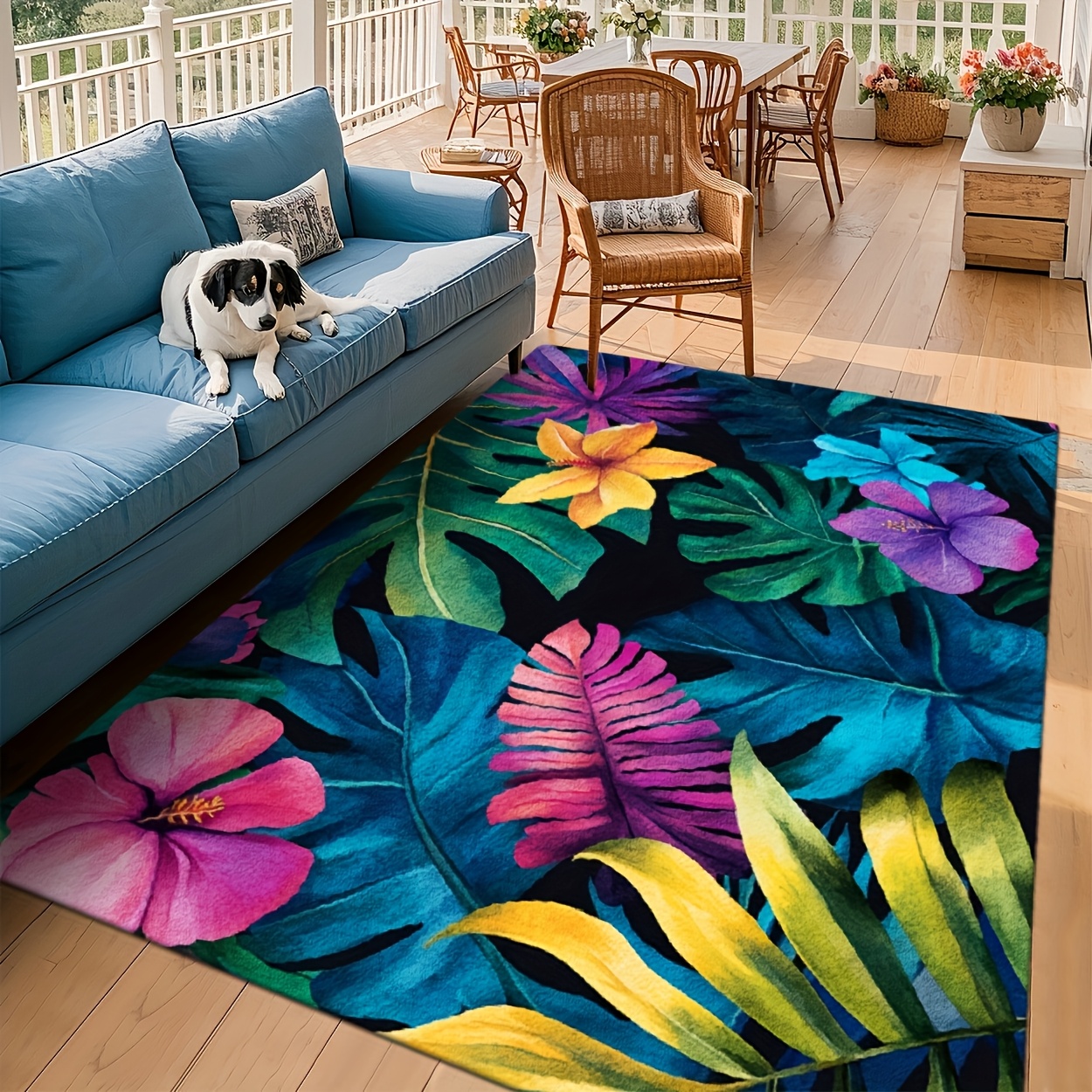 TEMU Outdoor Mat - Tropical Leaves And Hibiscus Flower Pattern, Soft Indoor/outdoor Mat, Suitable For Patios, Living Rooms, Rvs, Camping - Machine