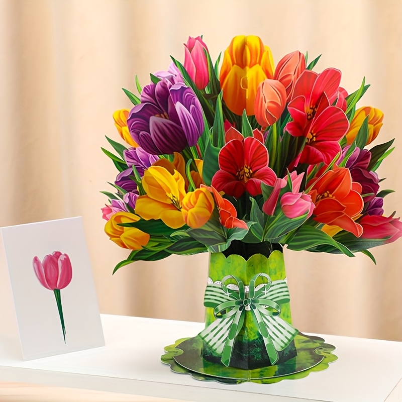 Image of 3d Tulip Bouquet Pop-up Greeting Card With And Envelope - Multifunctional Floral Pop-up Card, Suitable For Weddings, Birthdays, Anniversaries, Congratulations