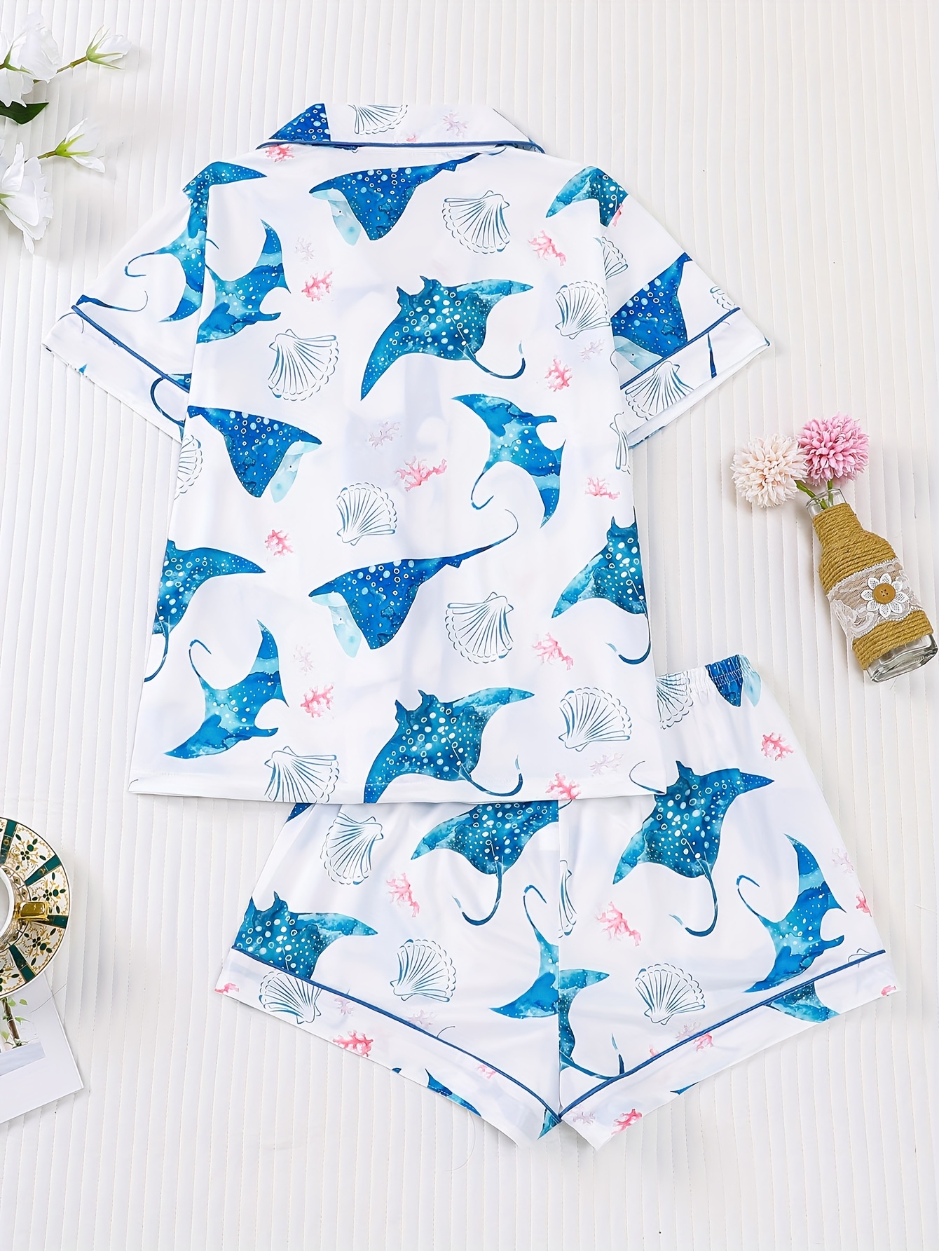 two piece cardigan short sleeved   with shorts pajama set ocean   print suitable for   in   womens lapel   Product details 1