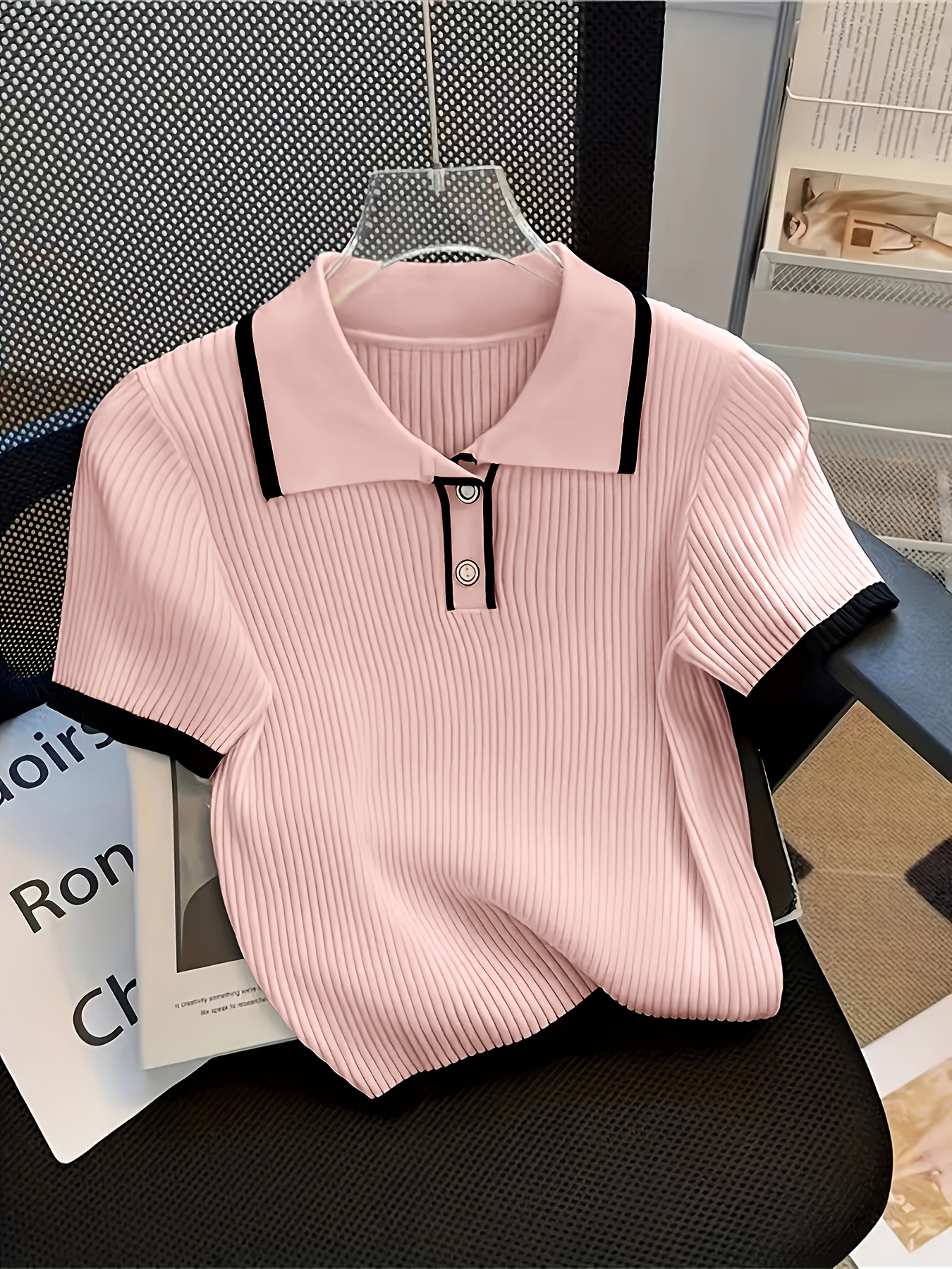 Women'S Casual Short Sleeve Stand Collar Sweater Black with White Trim,  Button-* Ribbed Texture, Lightweight Breathable for Spring/Summer/Fall, 